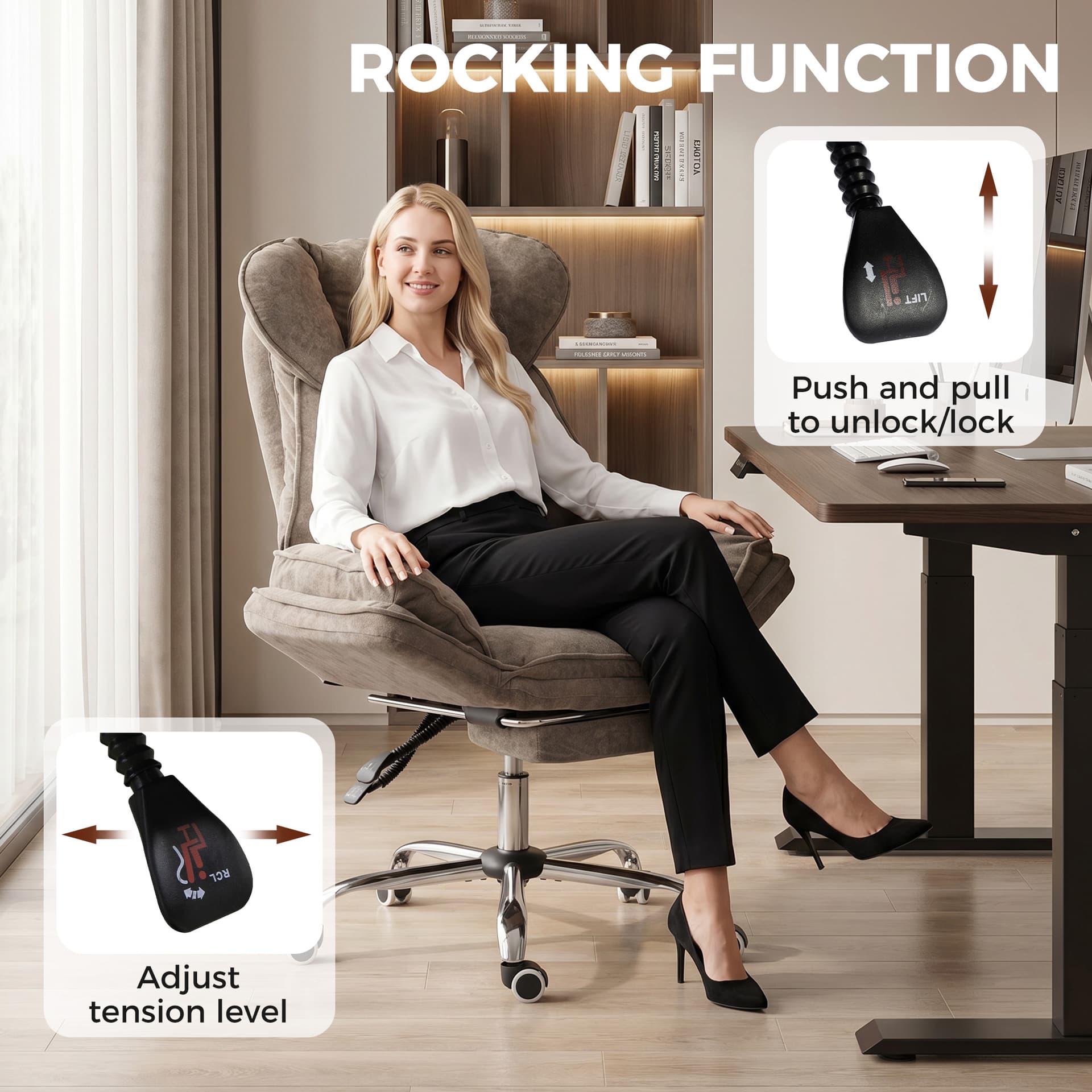 Big and Tall Office Chair Footrest Executive Desk Chair High Back Snowflake Velvet Reclining, Brown - Office Chairs - Office Furniture