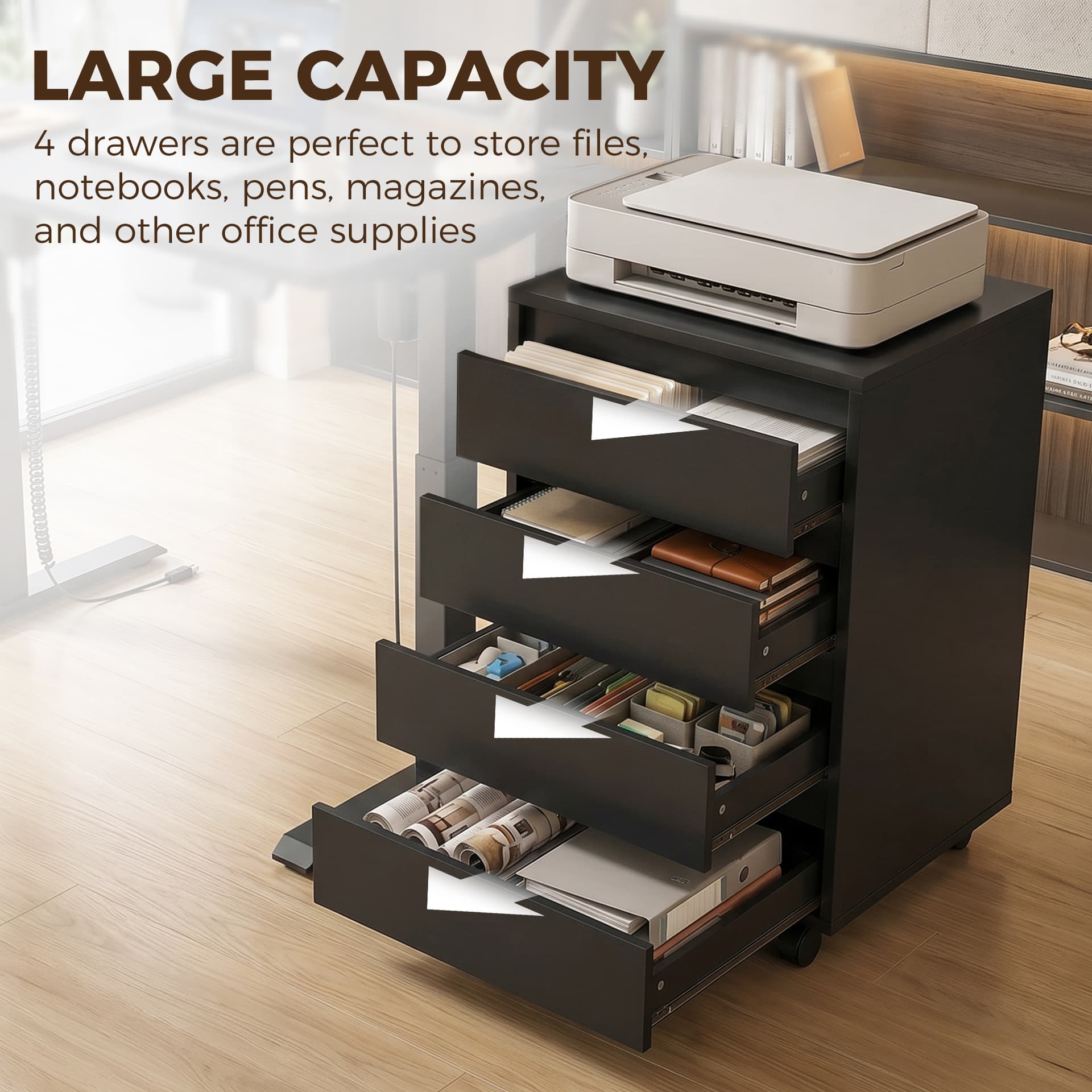 4 Drawer File Cabinet, Vertical Filing Cabinet with Wheels, Modern Printer Stand for Home Office, Black - Office Cabinets & Cupboards - Office Furniture