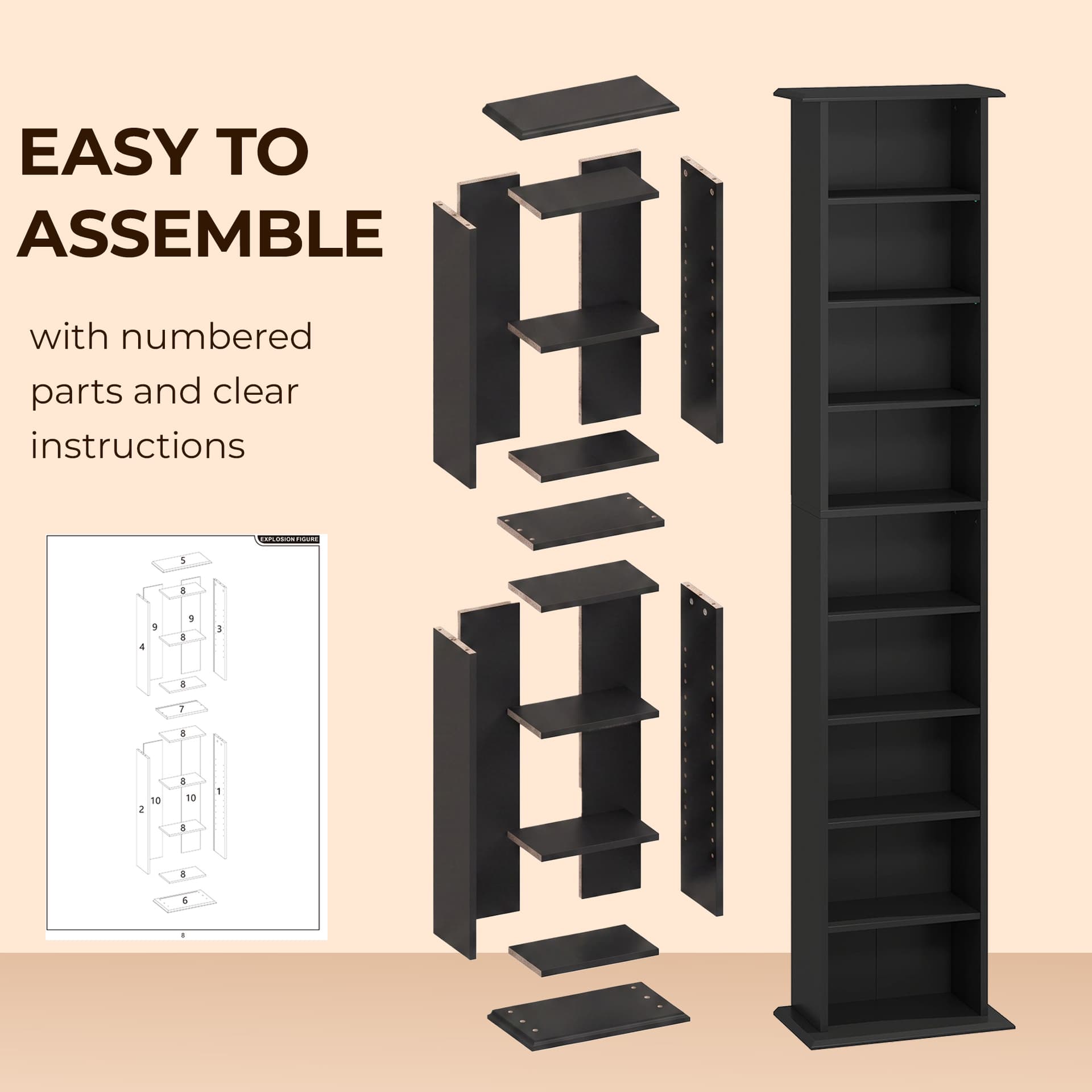 9-Tier DVD Shelf with 7 Adjustable Shelves, Slim CD Shelf, Holds 252 CDs, 147 DVDs or 189 Blu-rays, Black - Office Supplies - Office Furniture