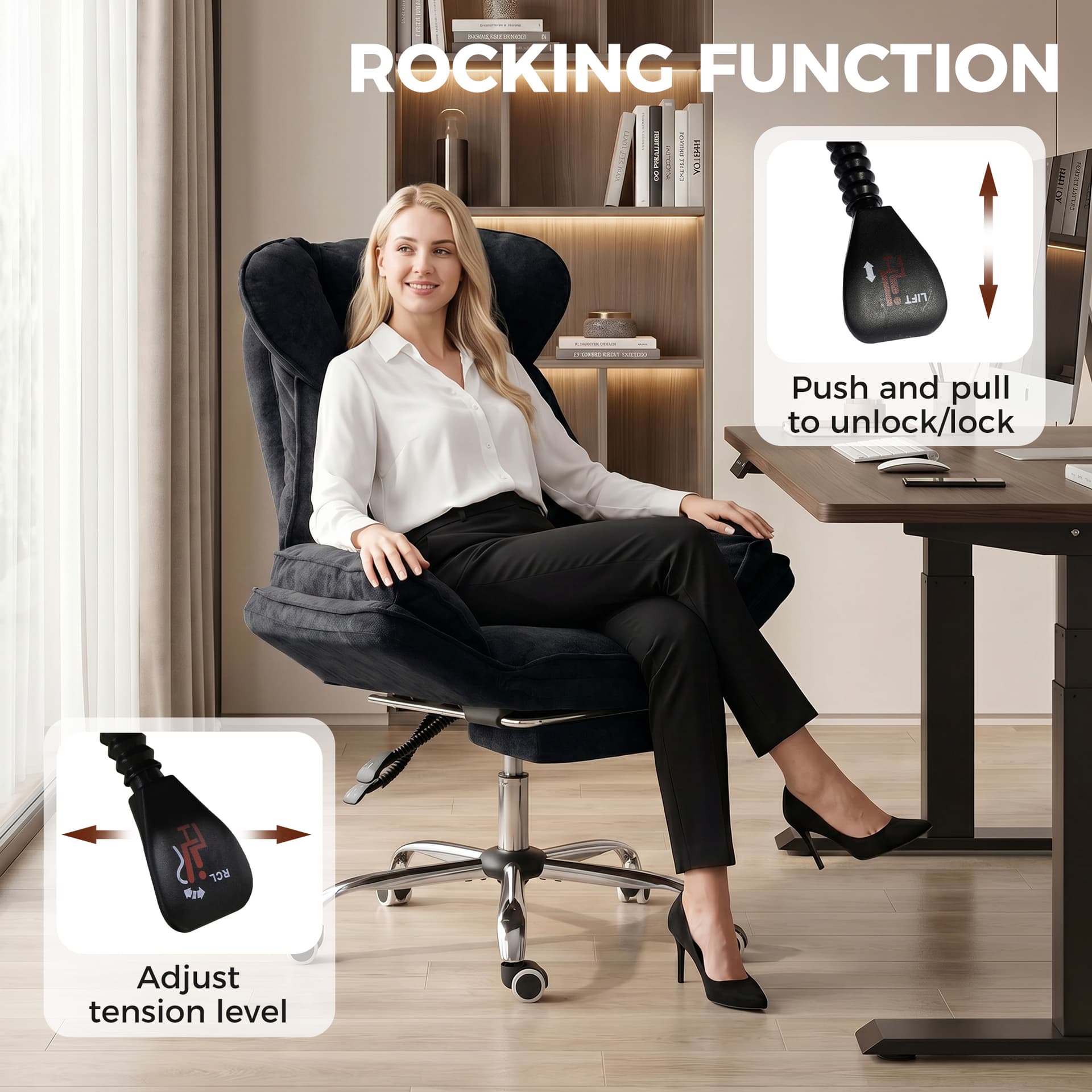 Big and Tall Office Chair Footrest Executive Desk Chair High Back Snowflake Velvet Reclining, Black - Office Chairs - Office Furniture