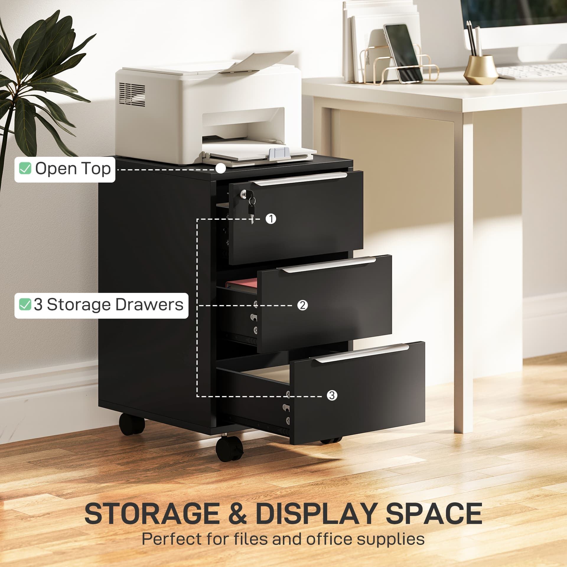 3 Drawer File Cabinet with Wheels, Vertical Filing Cabinet with Lock, Black - Office Cabinets & Cupboards - Office Furniture