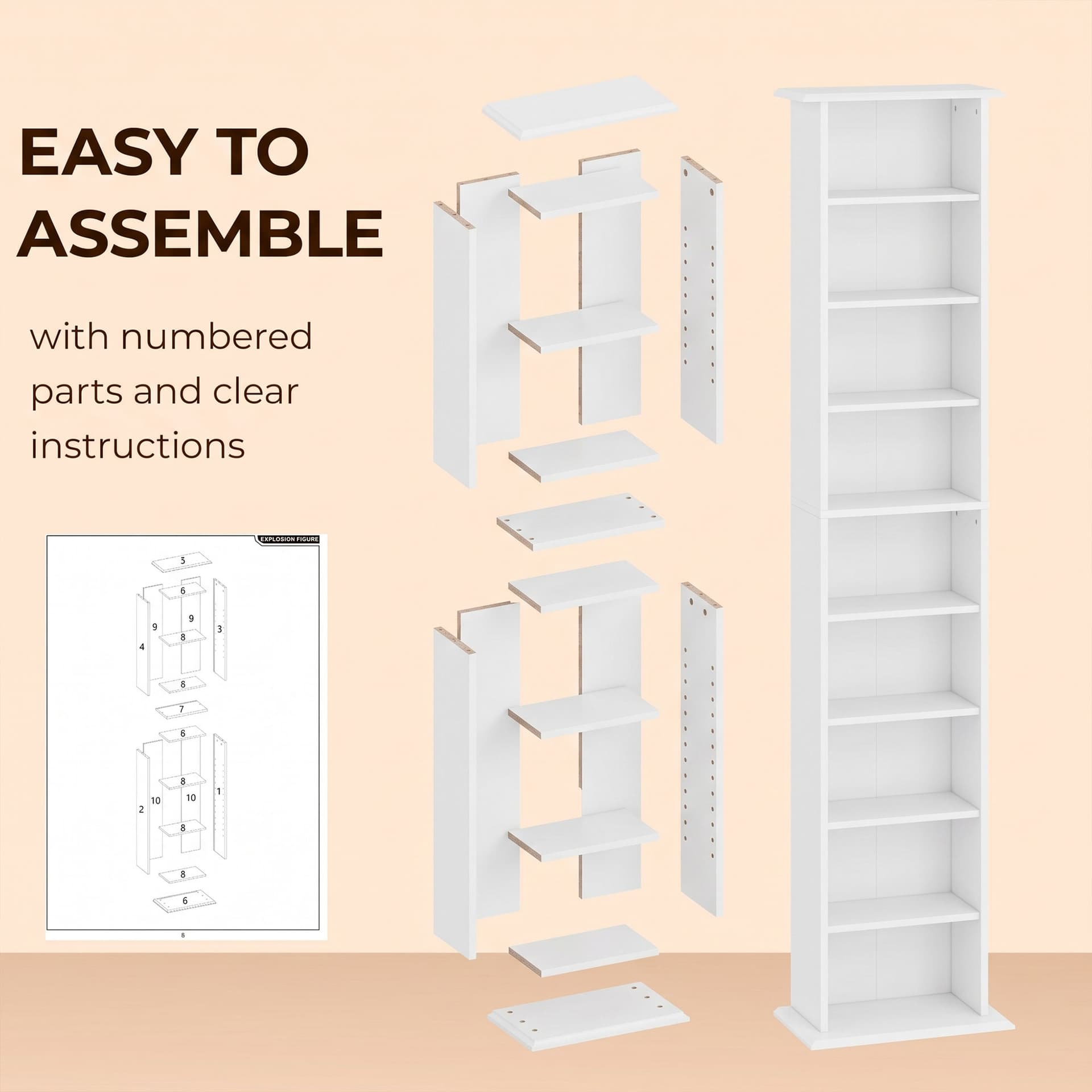 9-Tier DVD Shelf with 7 Adjustable Shelves, Slim CD Shelf, Holds 252 CDs, 147 DVDs or 189 Blu-rays, White - Office Supplies - Office Furniture