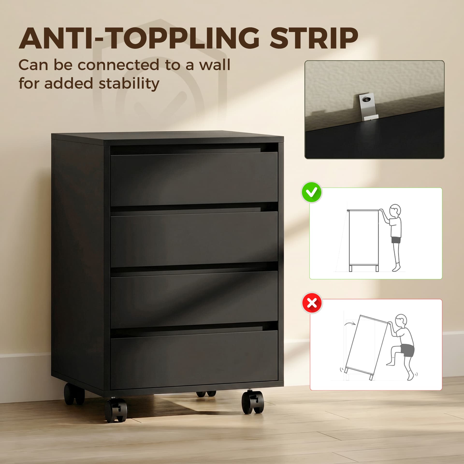 4 Drawer File Cabinet, Vertical Filing Cabinet with Wheels, Modern Printer Stand for Home Office, Black - Office Cabinets & Cupboards - Office Furniture