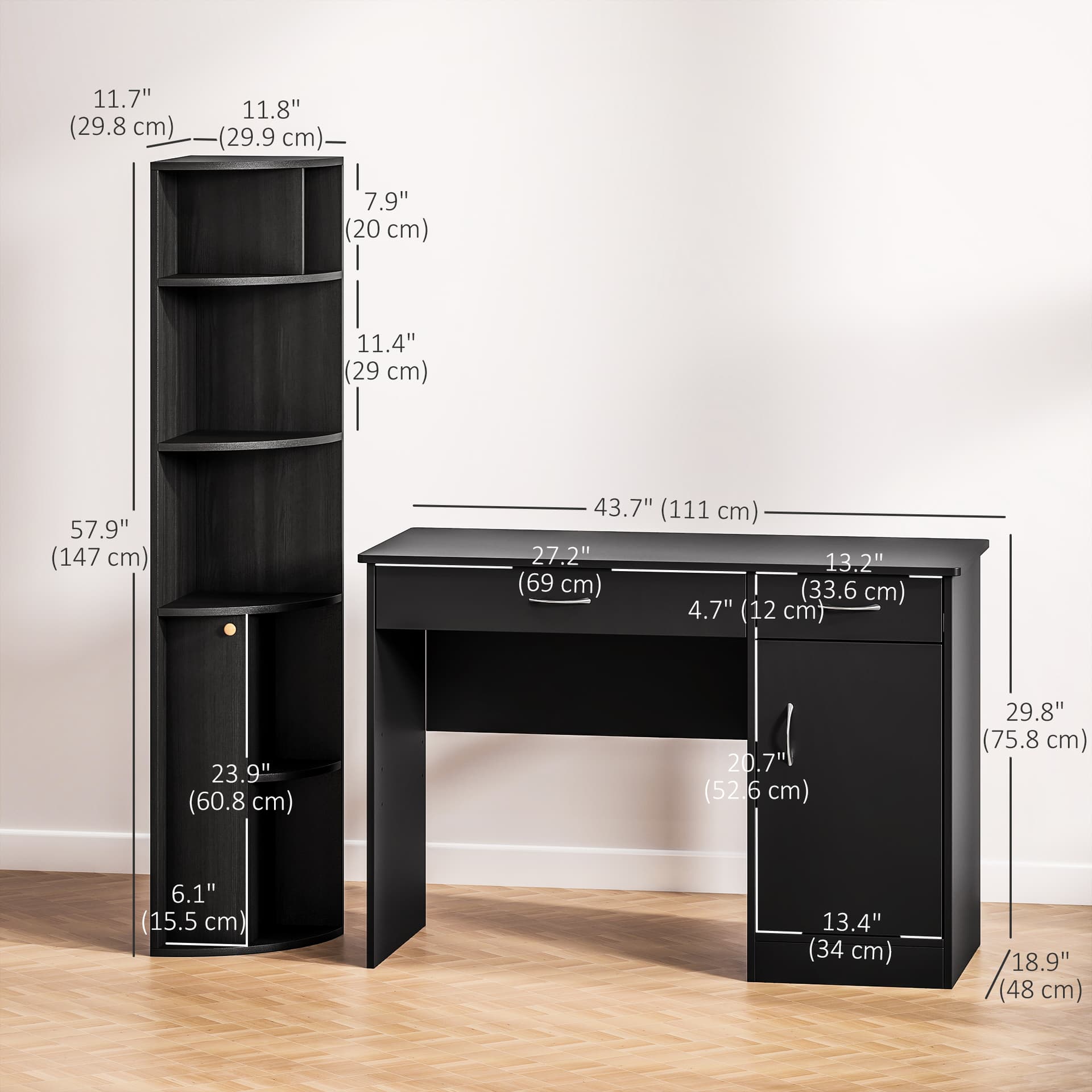 Computer Desk and Bookcase Set, Study Table with Adjustable Shelf, Bookshelf with Open Compartments and Cabinet, Black - Computer Desks - Office Furniture