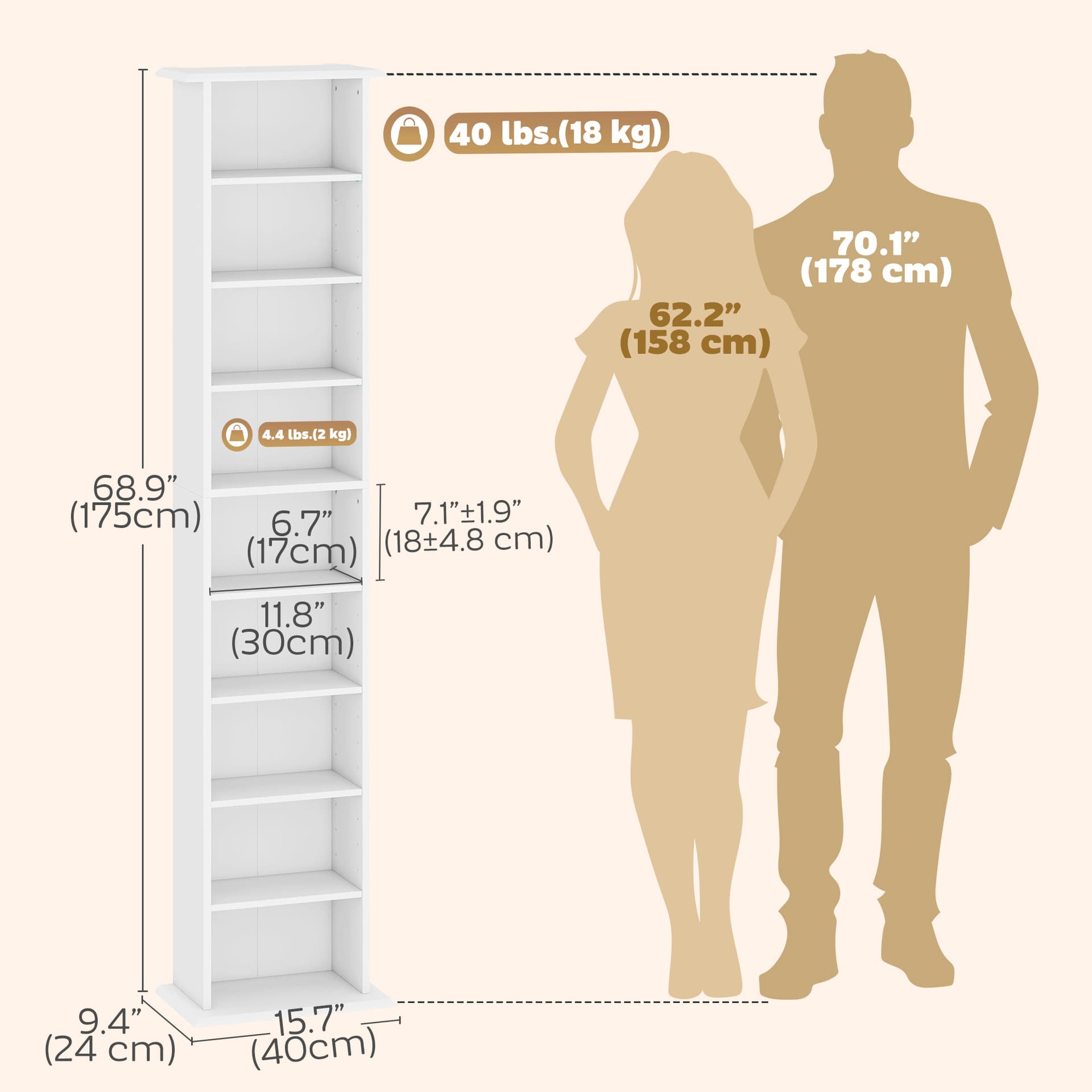 9-Tier DVD Shelf with 7 Adjustable Shelves, Slim CD Shelf, Holds 252 CDs, 147 DVDs or 189 Blu-rays, White - Office Supplies - Office Furniture