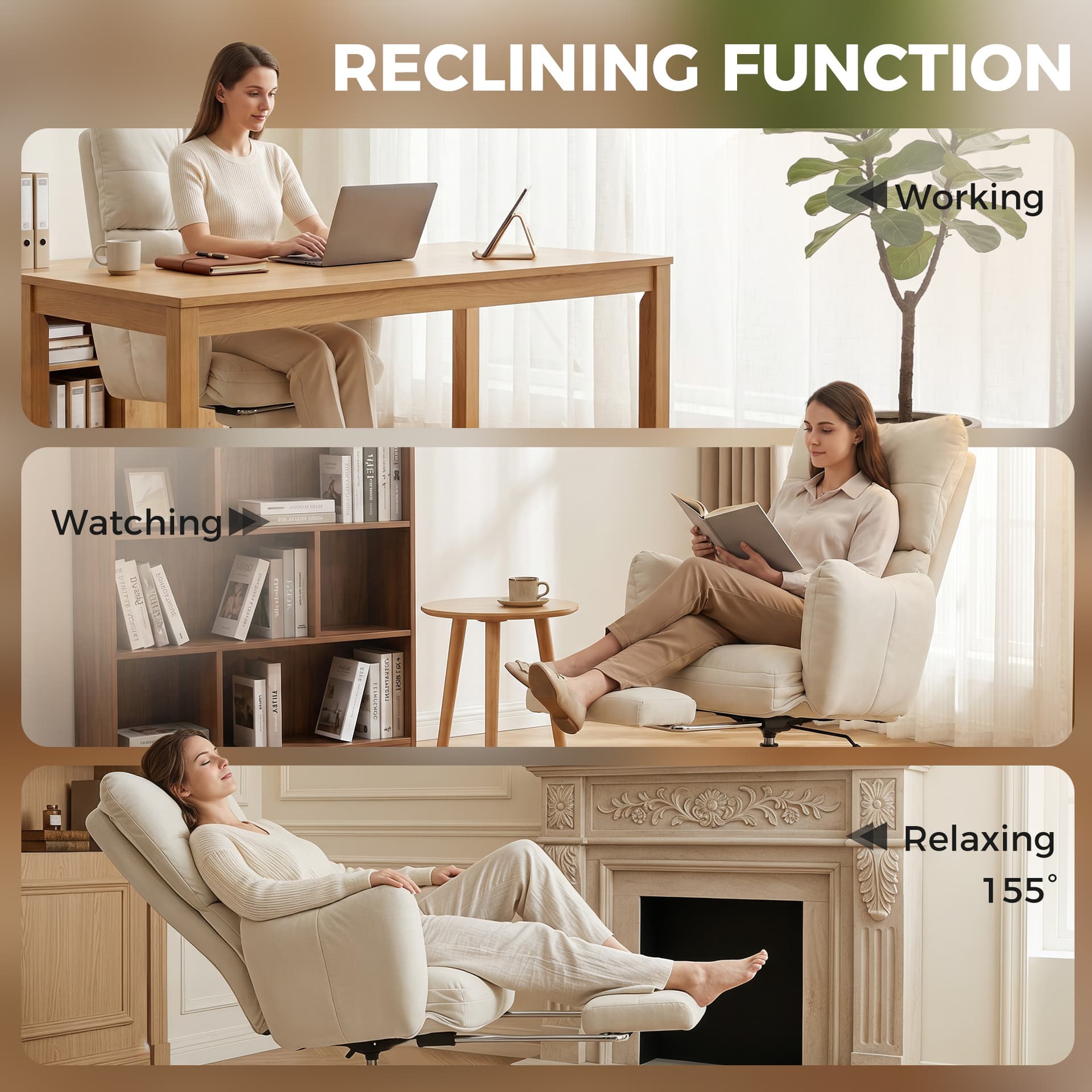 Office Chair with Foot Rest, Ergonomic Reclining Computer Gaming Chair with Snow Flannel Fabric, Thick Cushion, Cream - Executive & Manager Chairs - Office Furniture