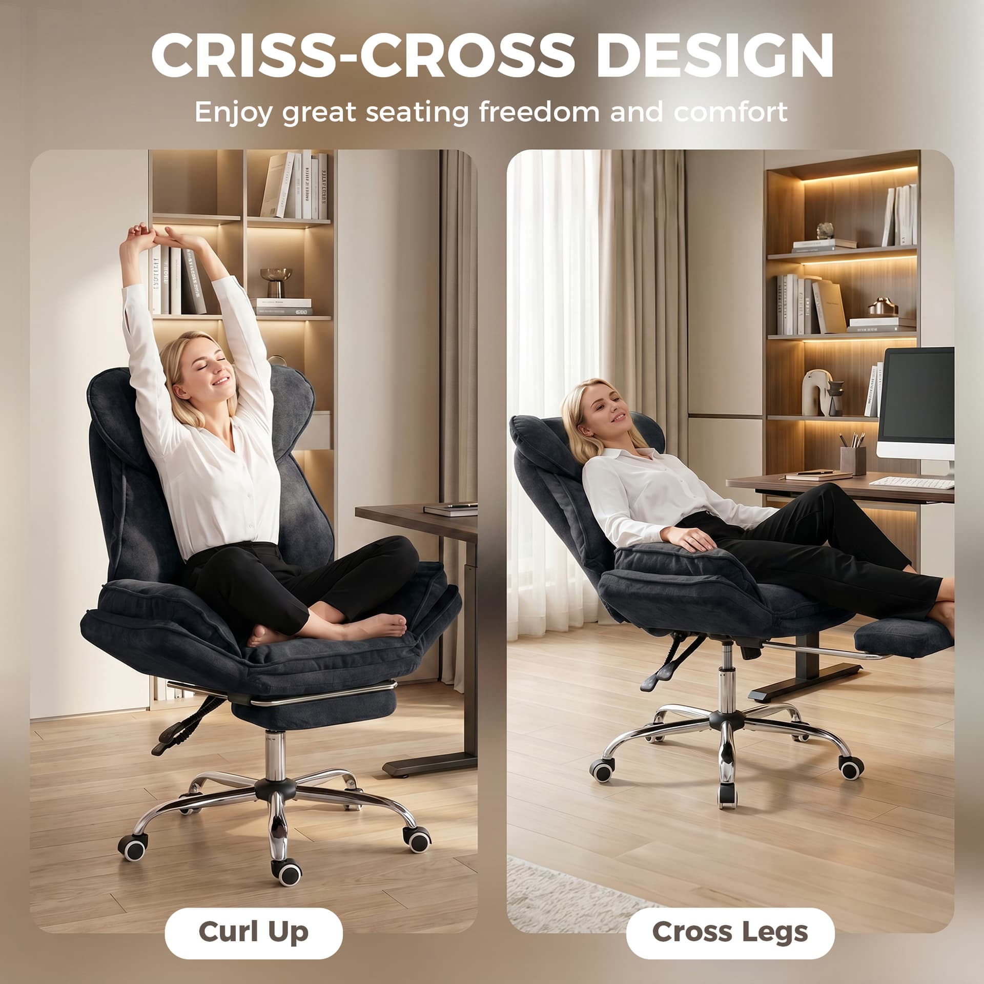 Big and Tall Office Chair Footrest Executive Desk Chair High Back Snowflake Velvet Reclining, Black - Office Chairs - Office Furniture