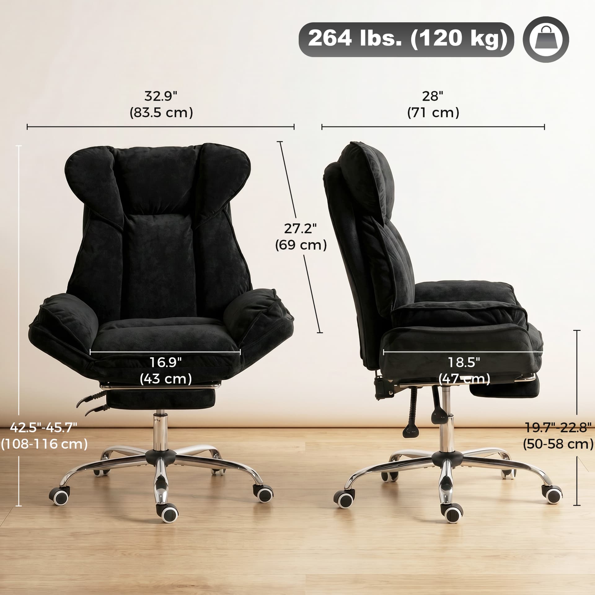 Big and Tall Office Chair Footrest Executive Desk Chair High Back Snowflake Velvet Reclining, Black - Office Chairs - Office Furniture