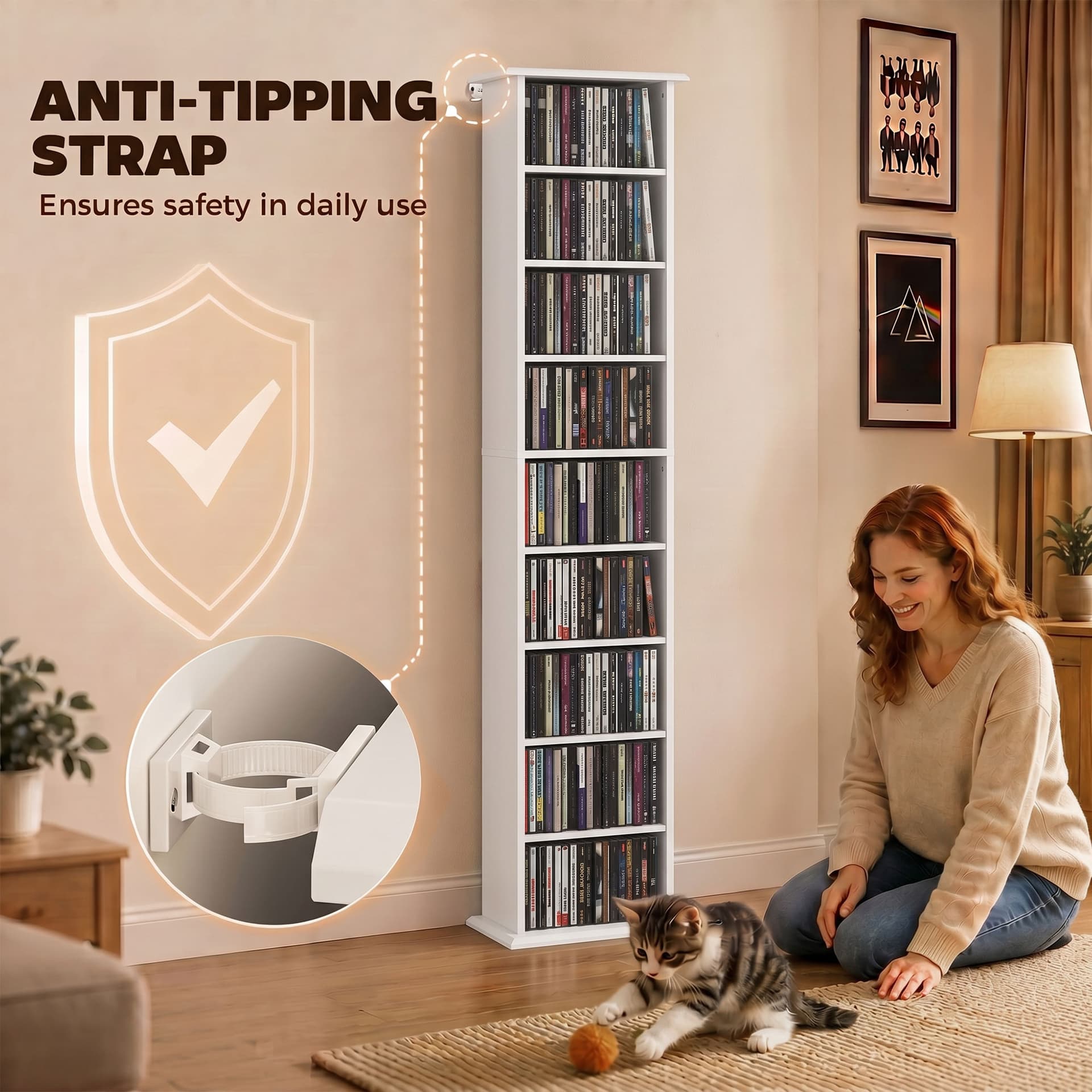 9-Tier DVD Shelf with 7 Adjustable Shelves, Slim CD Shelf, Holds 252 CDs, 147 DVDs or 189 Blu-rays, White - Office Supplies - Office Furniture