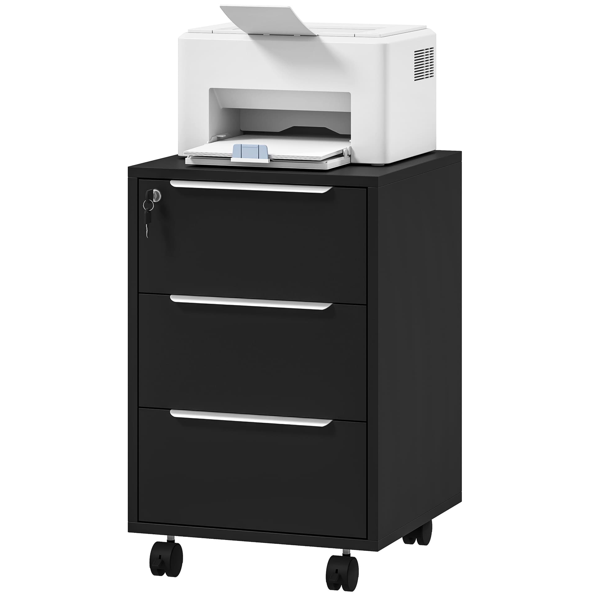 3 Drawer File Cabinet with Wheels, Vertical Filing Cabinet with Lock, Black - Office Cabinets & Cupboards - Office Furniture