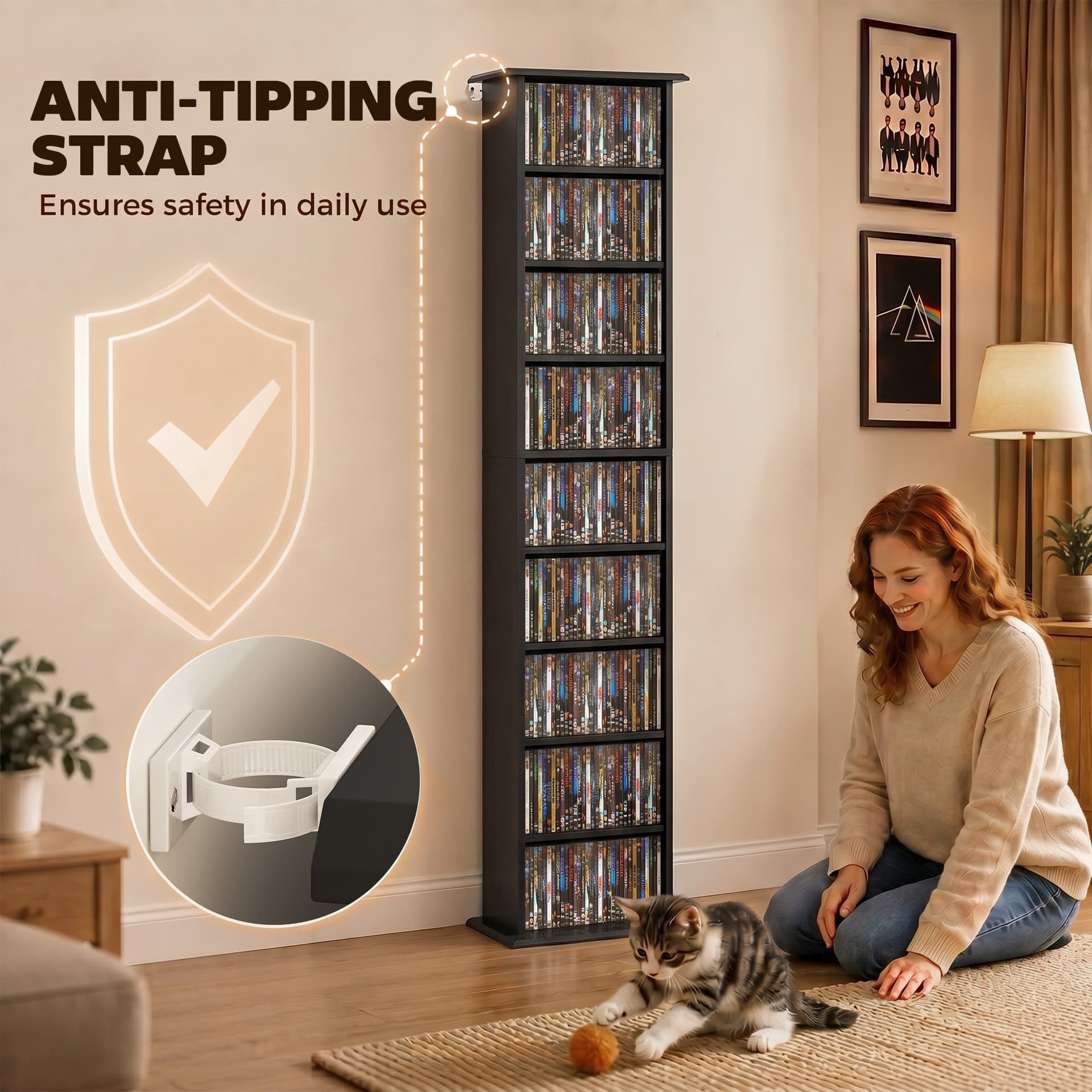 9-Tier DVD Shelf with 7 Adjustable Shelves, Slim CD Shelf, Holds 252 CDs, 147 DVDs or 189 Blu-rays, Black - Office Supplies - Office Furniture