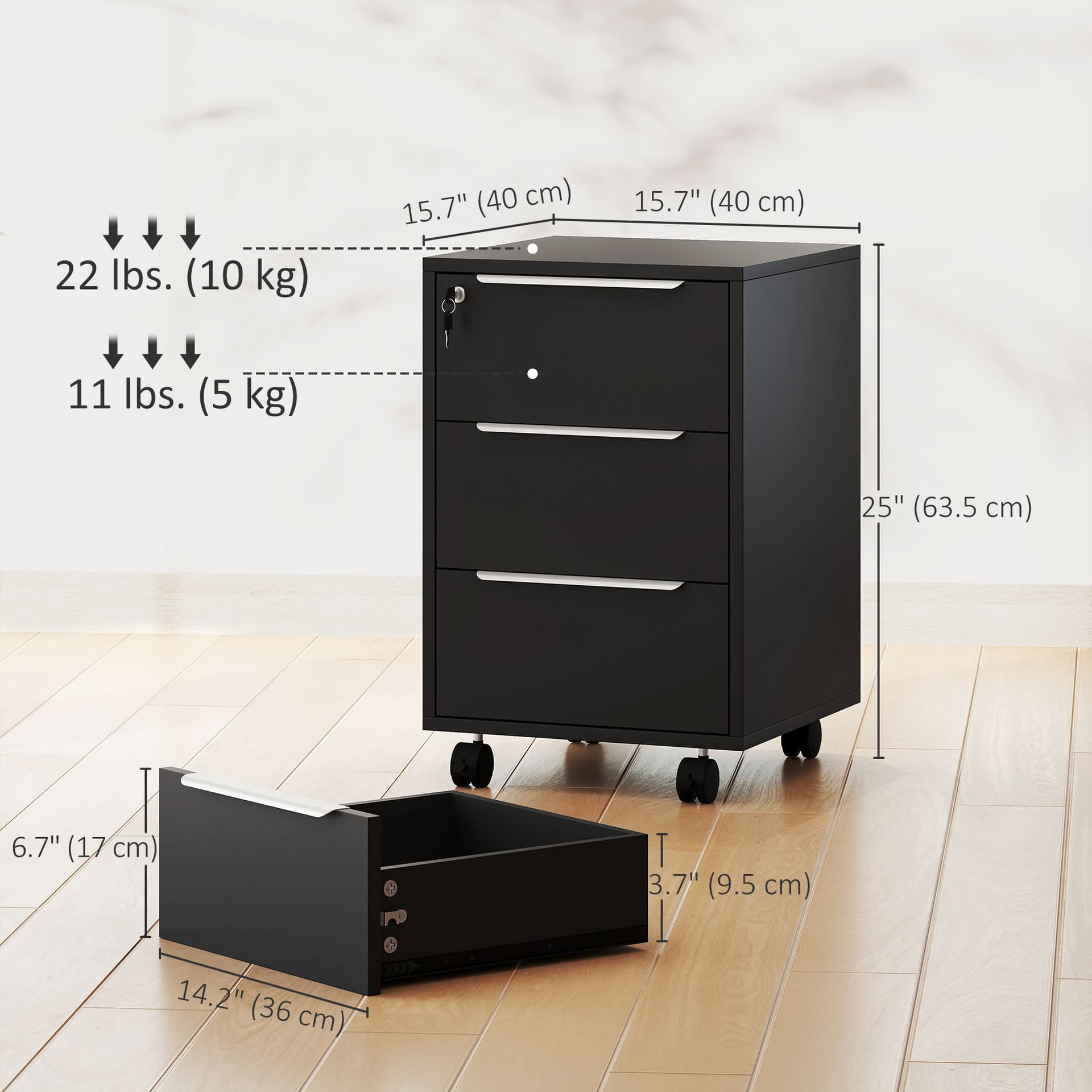 3 Drawer File Cabinet with Wheels, Vertical Filing Cabinet with Lock, Black - Office Cabinets & Cupboards - Office Furniture