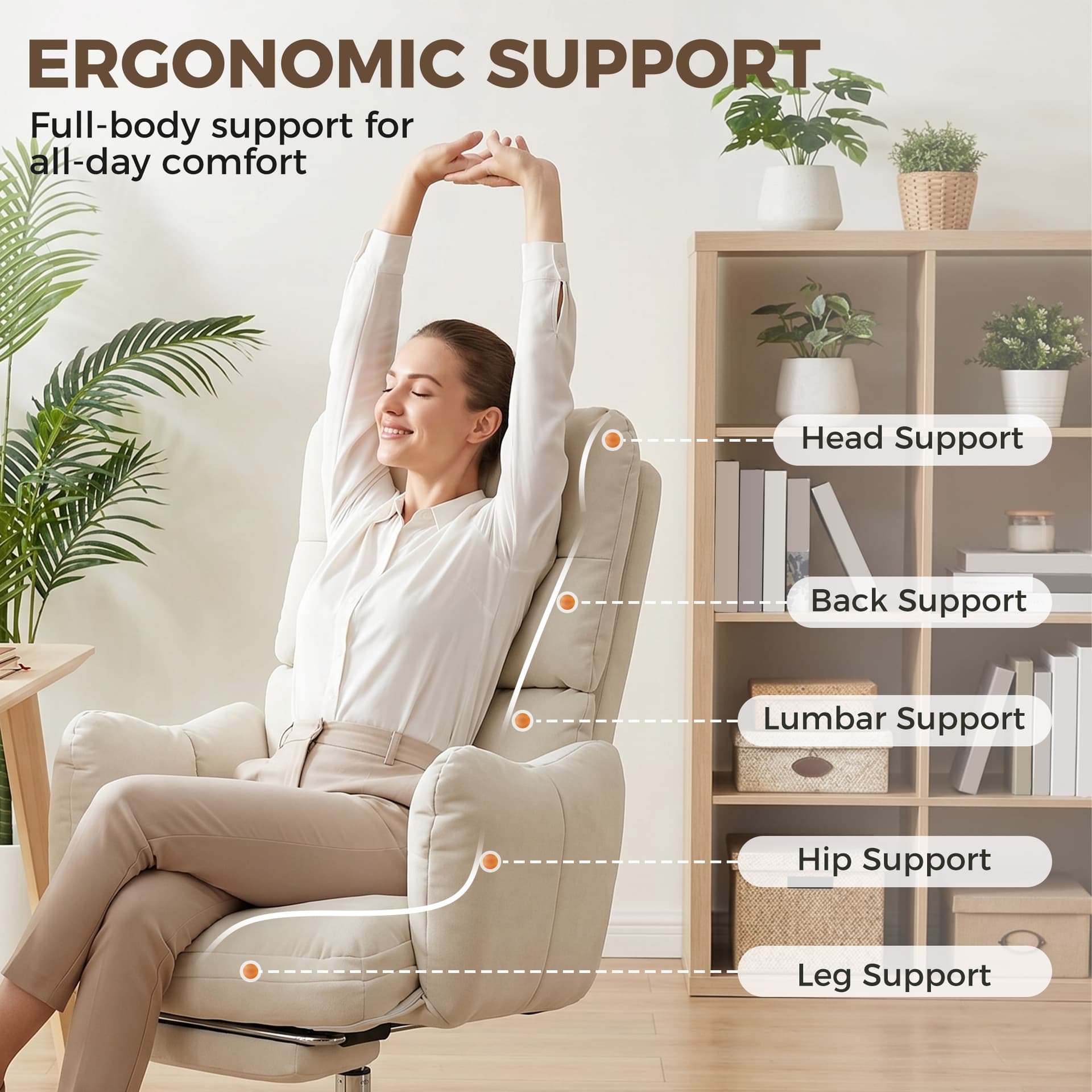 Office Chair with Foot Rest, Ergonomic Reclining Computer Gaming Chair with Snow Flannel Fabric, Thick Cushion, Cream - Executive & Manager Chairs - Office Furniture