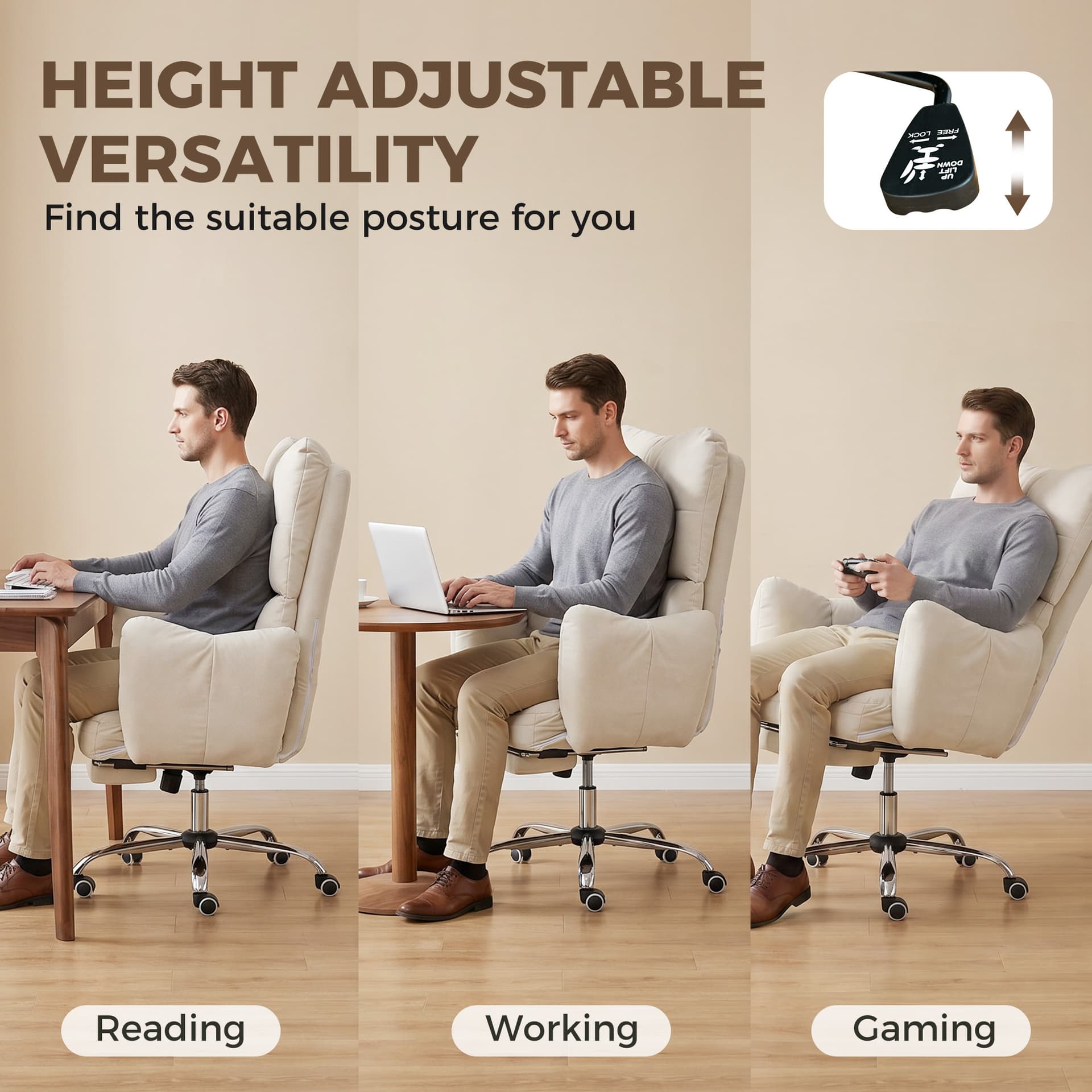 Office Chair with Foot Rest, Ergonomic Reclining Computer Gaming Chair with Snow Flannel Fabric, Thick Cushion, Cream - Executive & Manager Chairs - Office Furniture