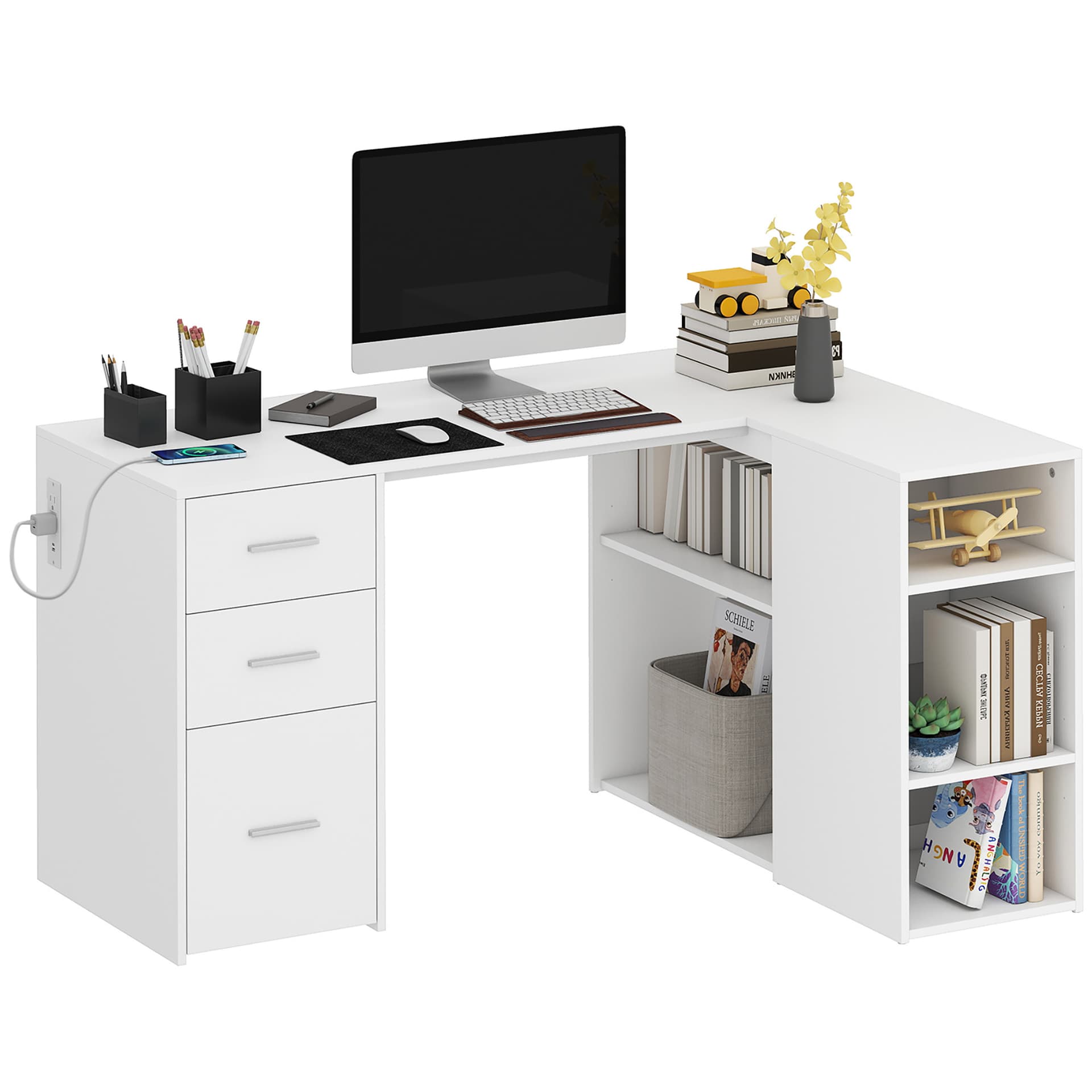L Shaped Desk, 55" Corner Computer Desk with Power Outlets, File Drawer, 2 Drawers, Adjustable Shelves, White - Writing Desks - Office Furniture