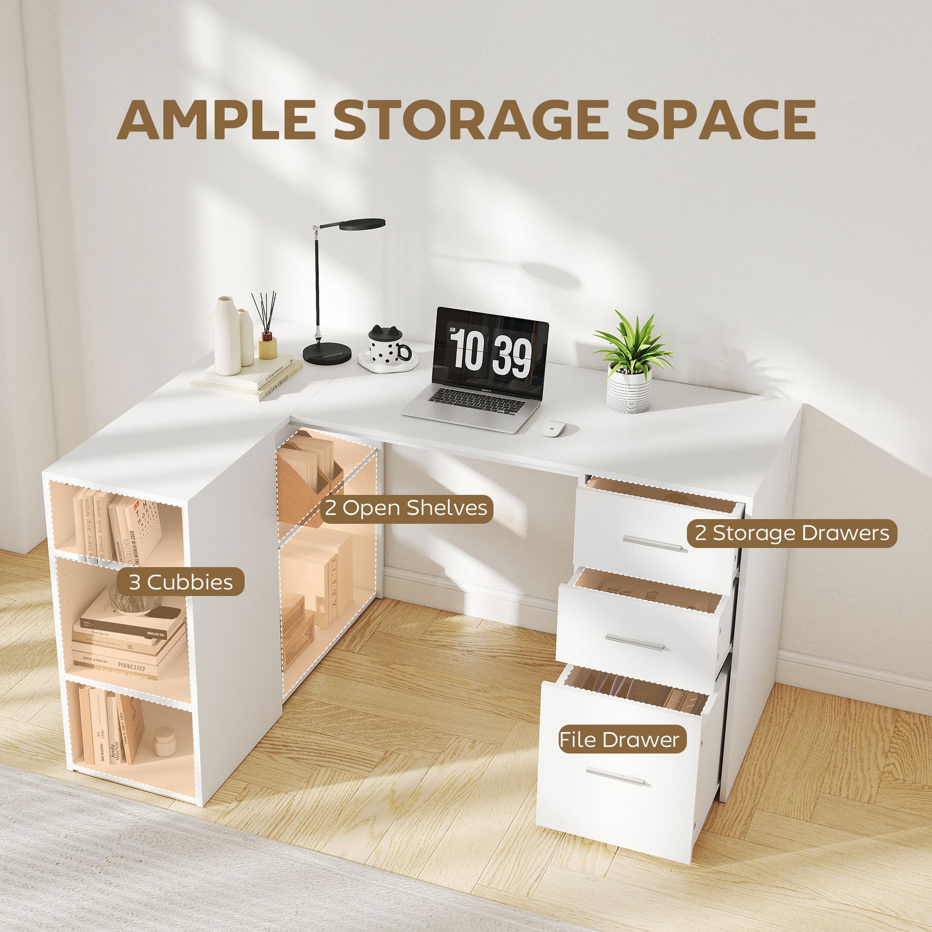 L Shaped Desk, 55" Corner Computer Desk with Power Outlets, File Drawer, 2 Drawers, Adjustable Shelves, White - Writing Desks - Office Furniture