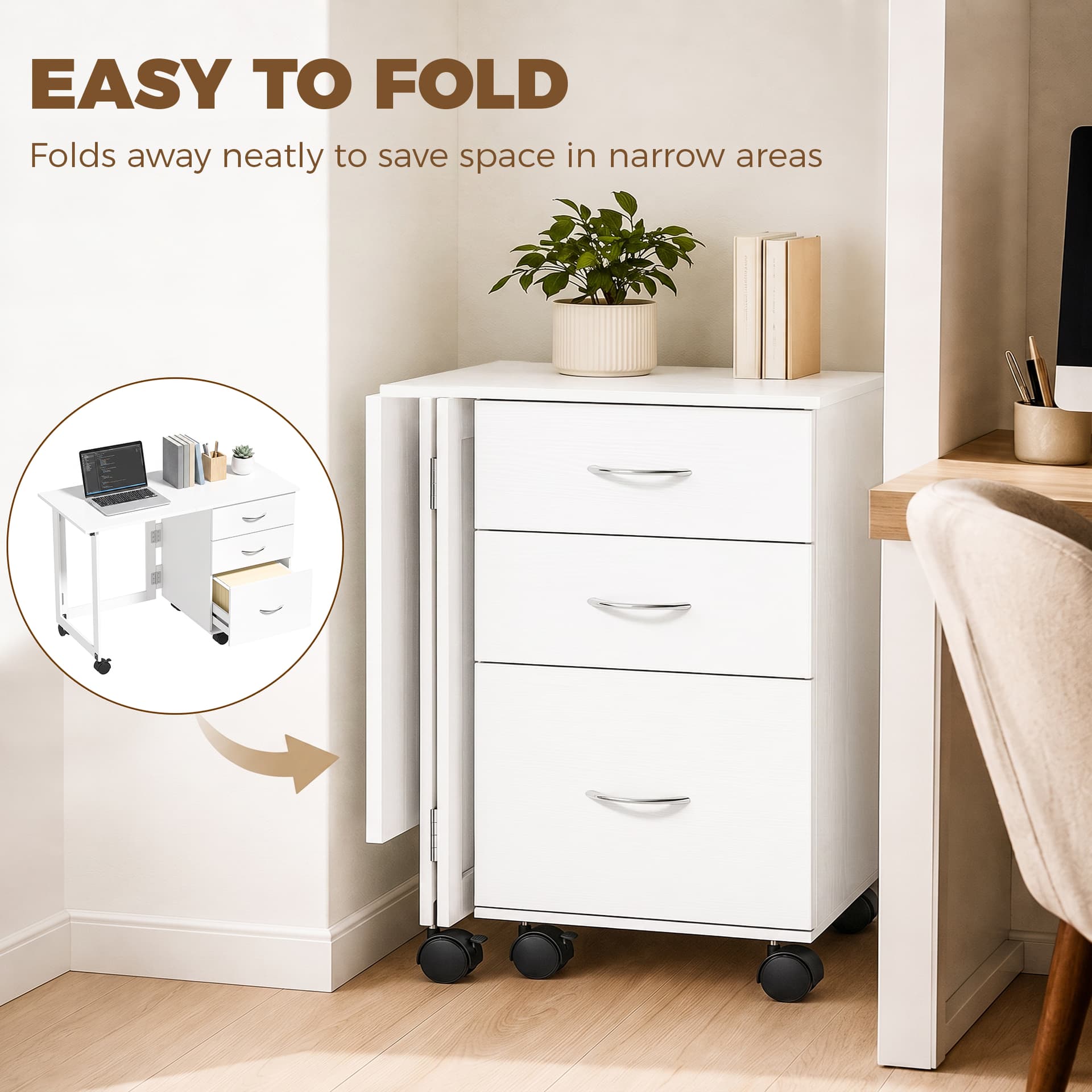 Computer Desk Foldable Top Office Desk 3 Drawers, 4 Lockable Wheels, White Wood Grain - Computer Desks - Office Furniture