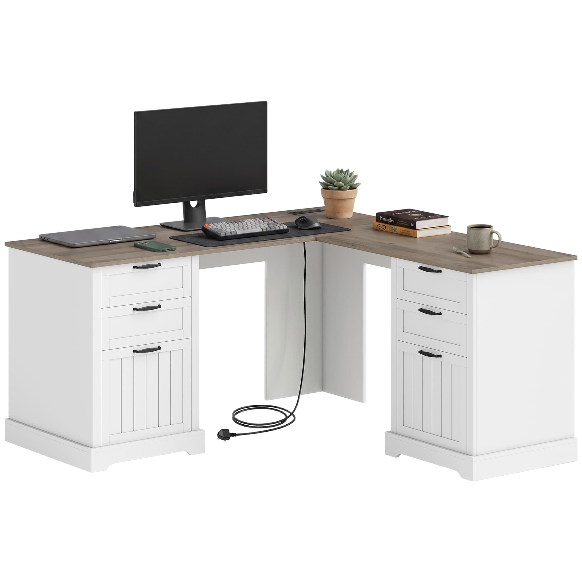 L Shaped Computer Desk with Power Outlets & USB Charging, Corner Desk with 6 Drawers, Hanging Bar, Brown and White - Writing Desks - Office Furniture