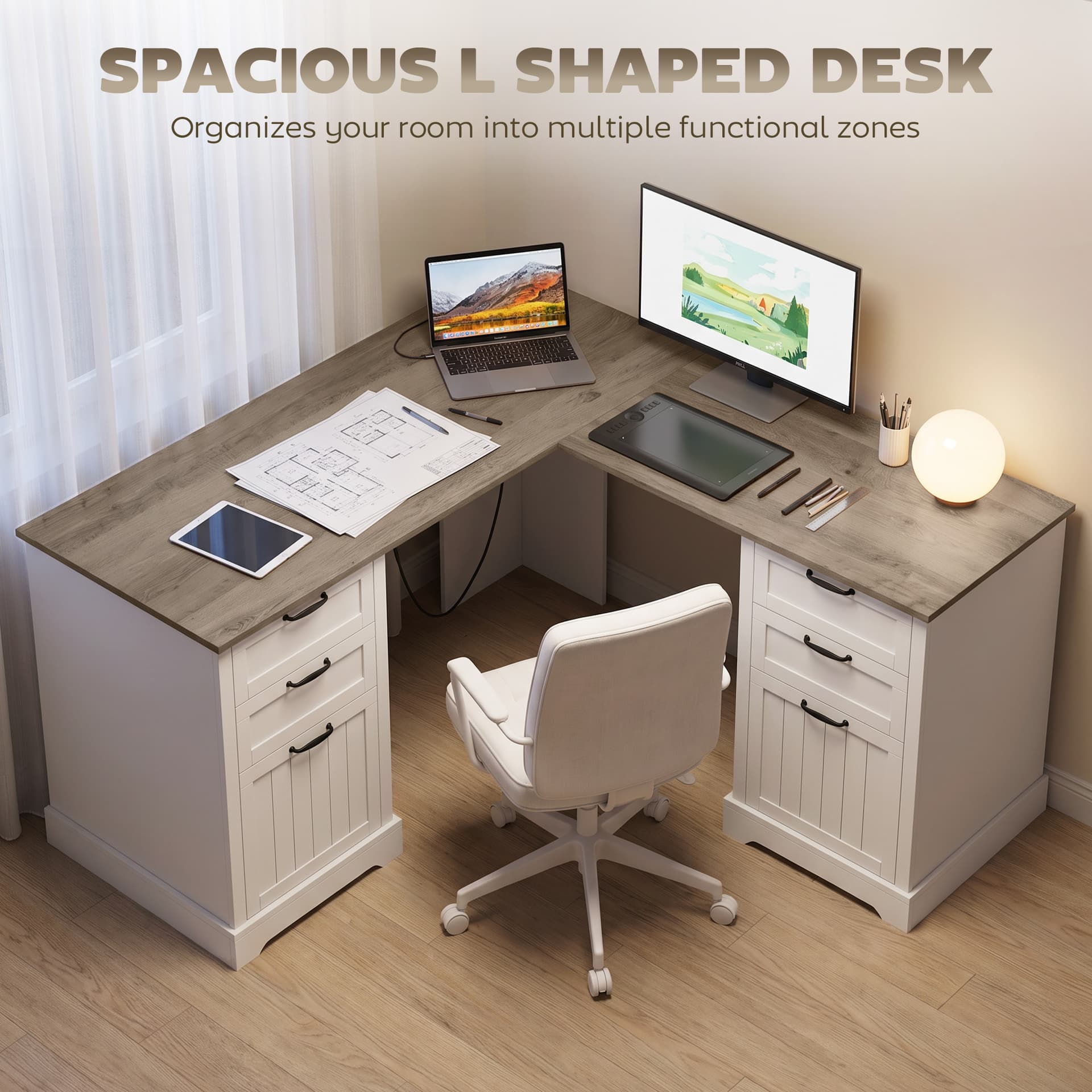 L Shaped Computer Desk with Power Outlets & USB Charging, Corner Desk with 6 Drawers, Hanging Bar, Brown and White - Writing Desks - Office Furniture