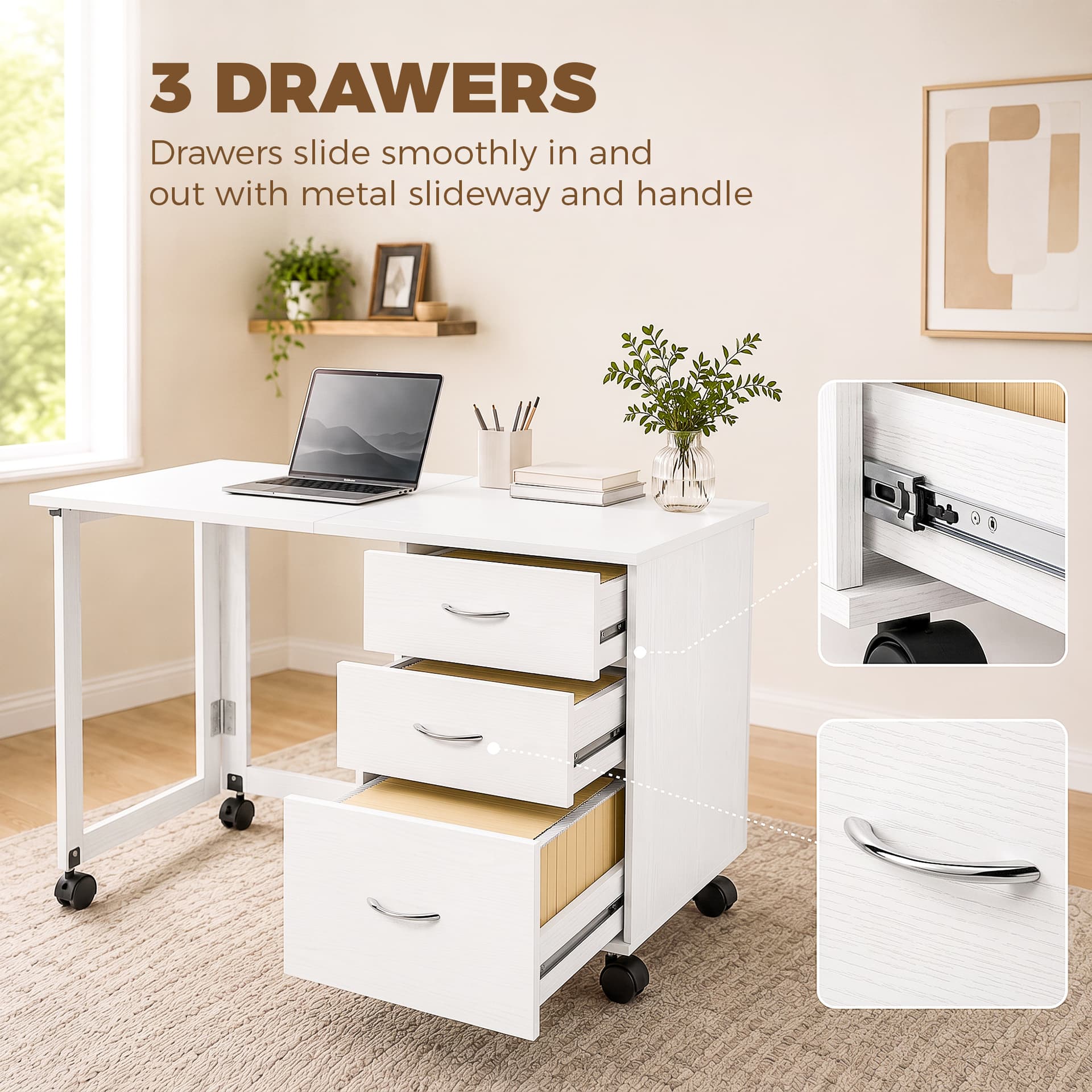 Computer Desk Foldable Top Office Desk 3 Drawers, 4 Lockable Wheels, White Wood Grain - Computer Desks - Office Furniture