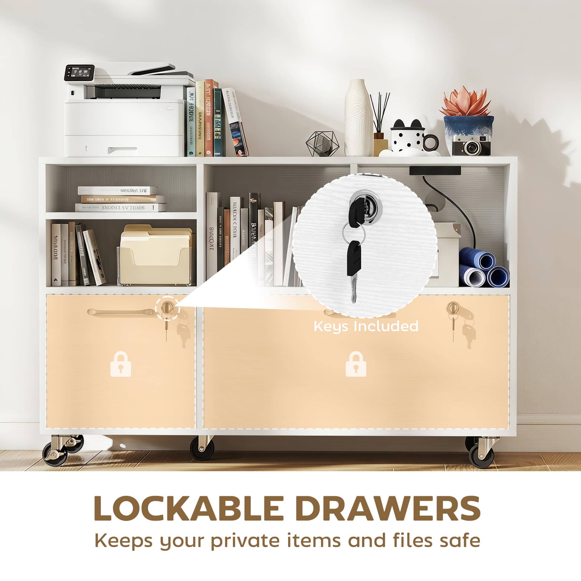 File Cabinet, 2 Drawer Mobile Lateral Filing Cabinet Printer Stand with Lock, Charging Station, Hanging Bars, White - Office Cabinets & Cupboards - Office Furniture