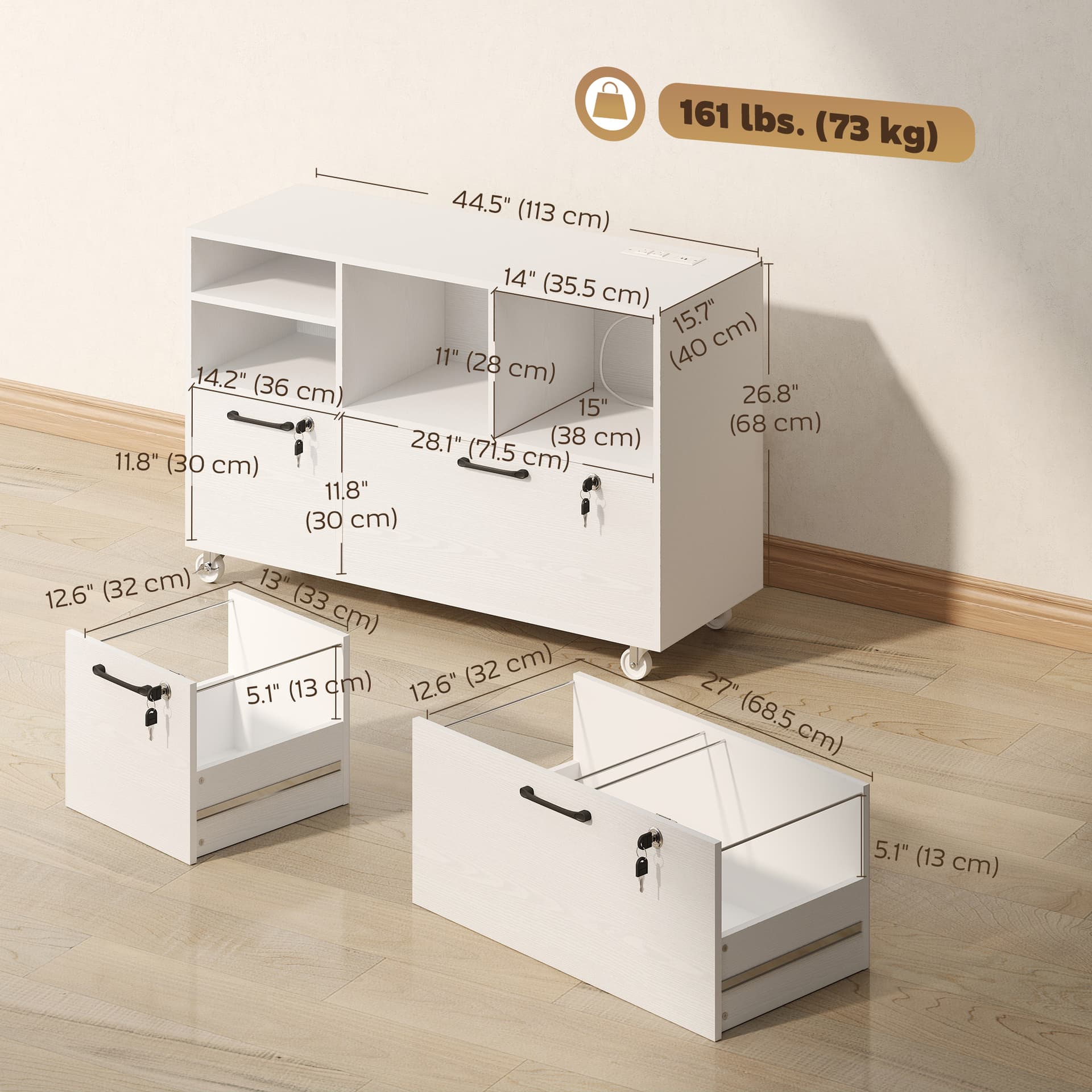 File Cabinet, 2 Drawer Mobile Lateral Filing Cabinet Printer Stand with Lock, Charging Station, Hanging Bars, White - Office Cabinets & Cupboards - Office Furniture