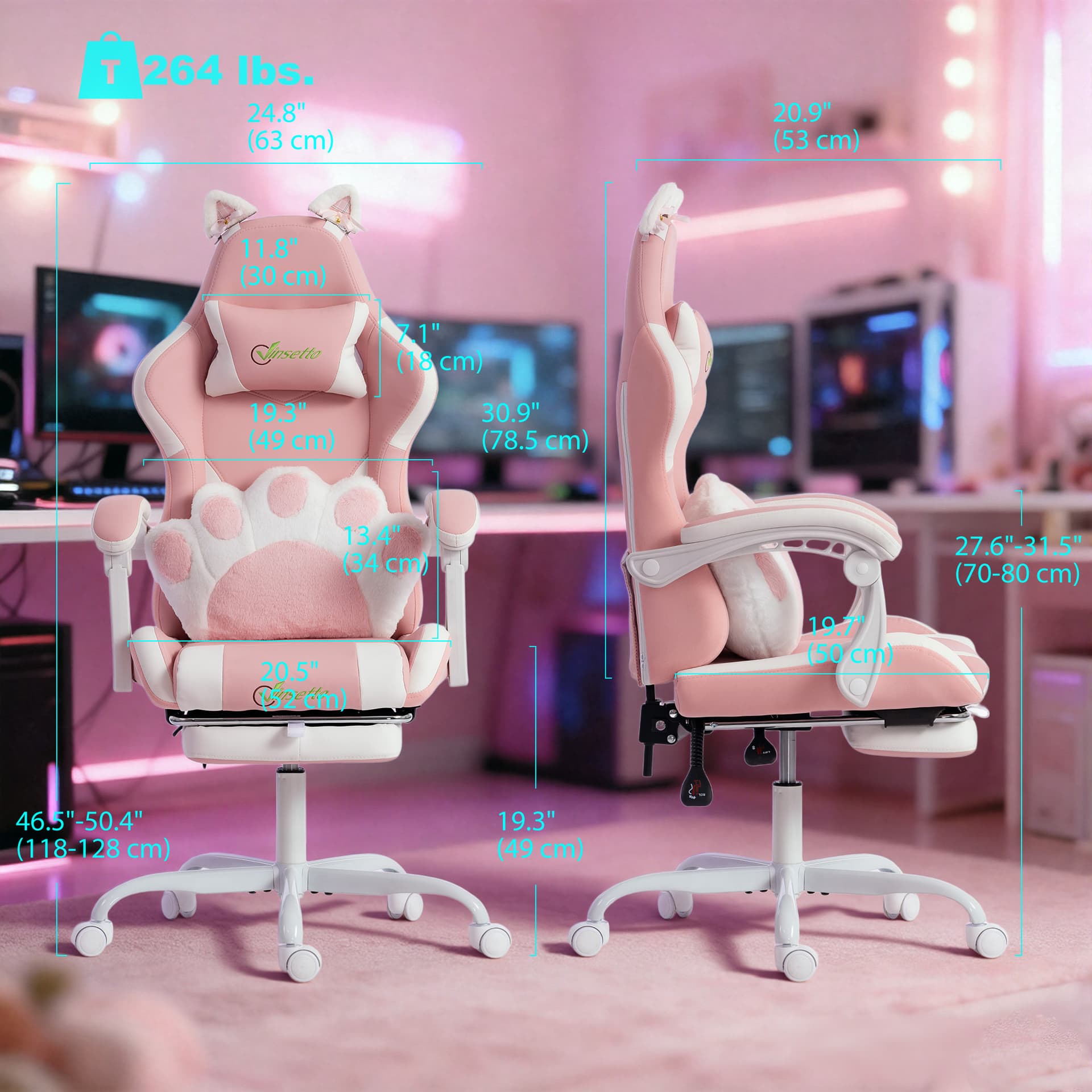 Cute Gaming Chair with Cat Ears, Gamer Computer Chair with Lumbar Support, Footrest, Headrest, Faux Leather, Pink - Video Game Chairs - Office Furniture
