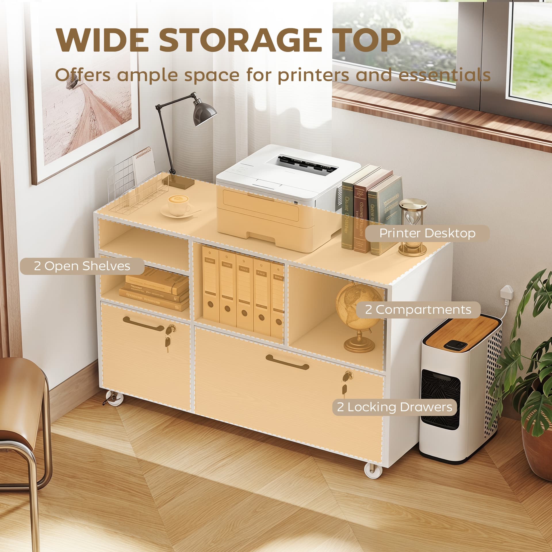 File Cabinet, 2 Drawer Mobile Lateral Filing Cabinet Printer Stand with Lock, Charging Station, Hanging Bars, White - Office Cabinets & Cupboards - Office Furniture