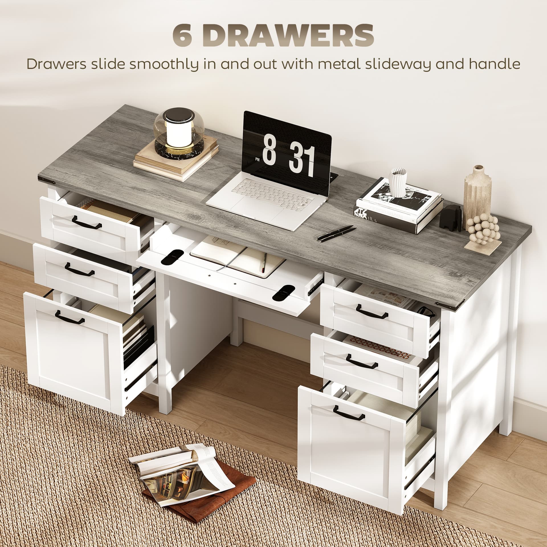 Computer Desk with Drawers Office Desk with 7 Drawers Charging Station Study Table 57" Brown White - Writing Desks - Office Furniture
