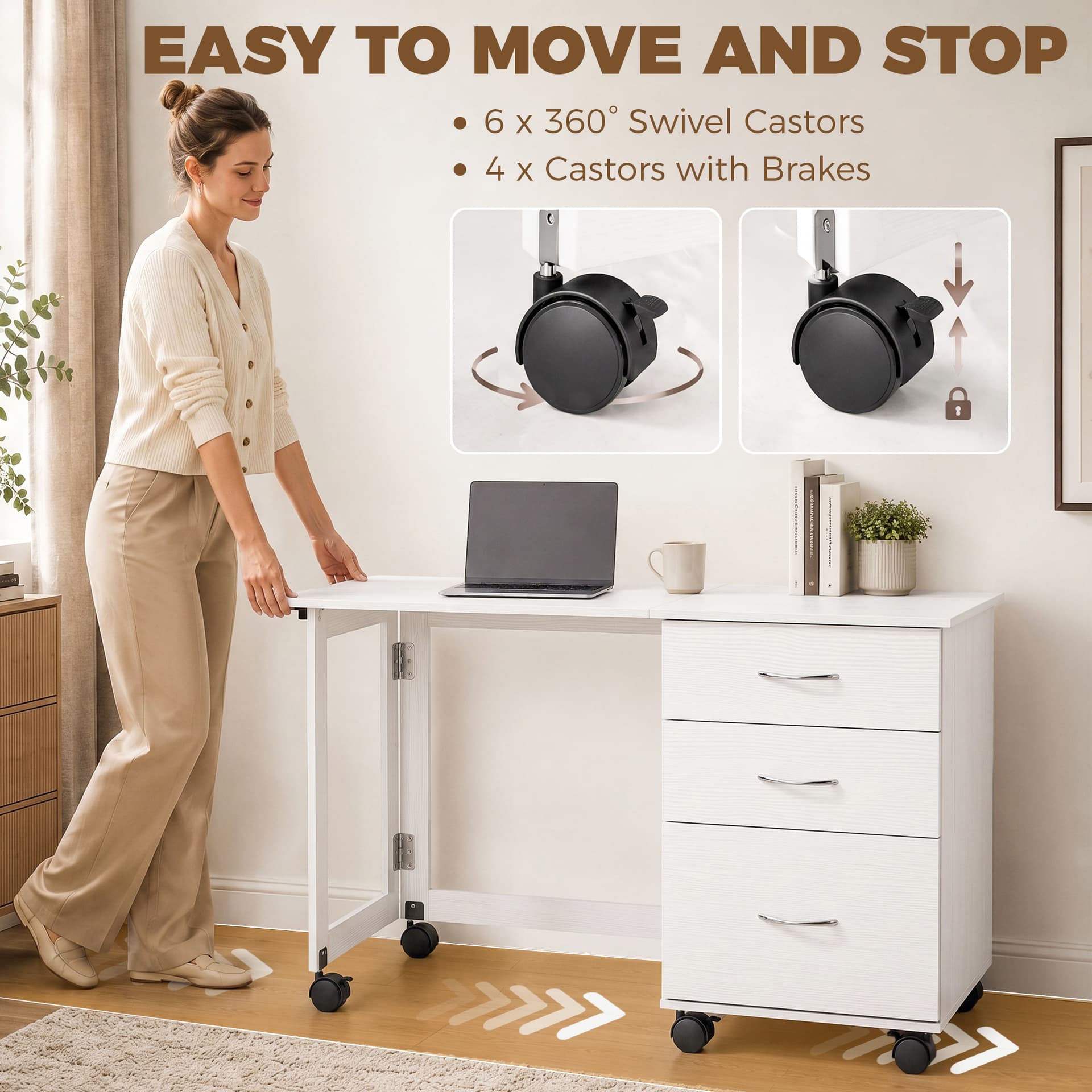 Computer Desk Foldable Top Office Desk 3 Drawers, 4 Lockable Wheels, White Wood Grain - Computer Desks - Office Furniture