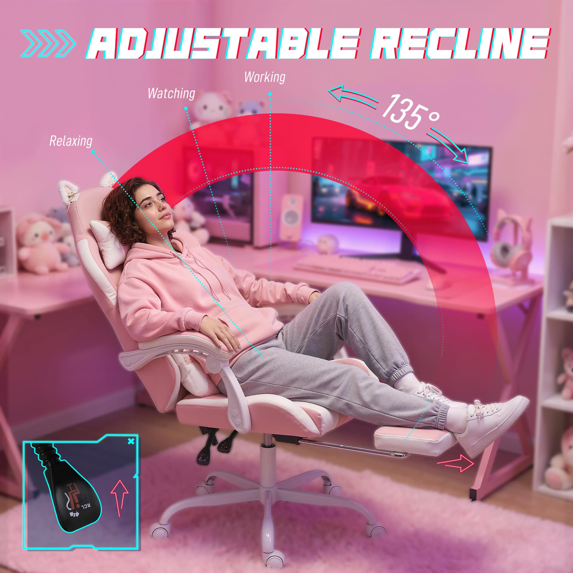 Cute Gaming Chair with Cat Ears, Gamer Computer Chair with Lumbar Support, Footrest, Headrest, Faux Leather, Pink - Video Game Chairs - Office Furniture