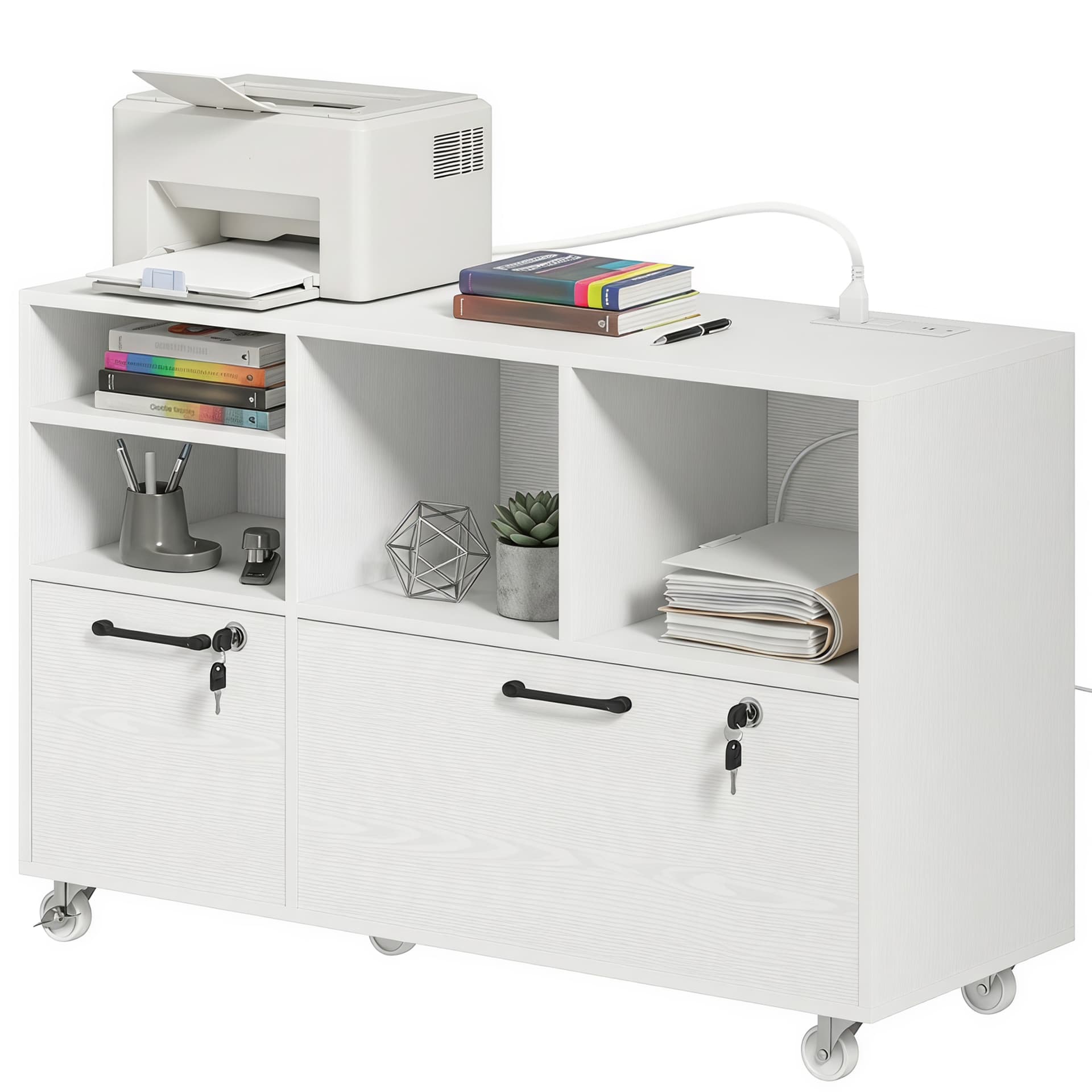File Cabinet, 2 Drawer Mobile Lateral Filing Cabinet Printer Stand with Lock, Charging Station, Hanging Bars, White - Office Cabinets & Cupboards - Office Furniture