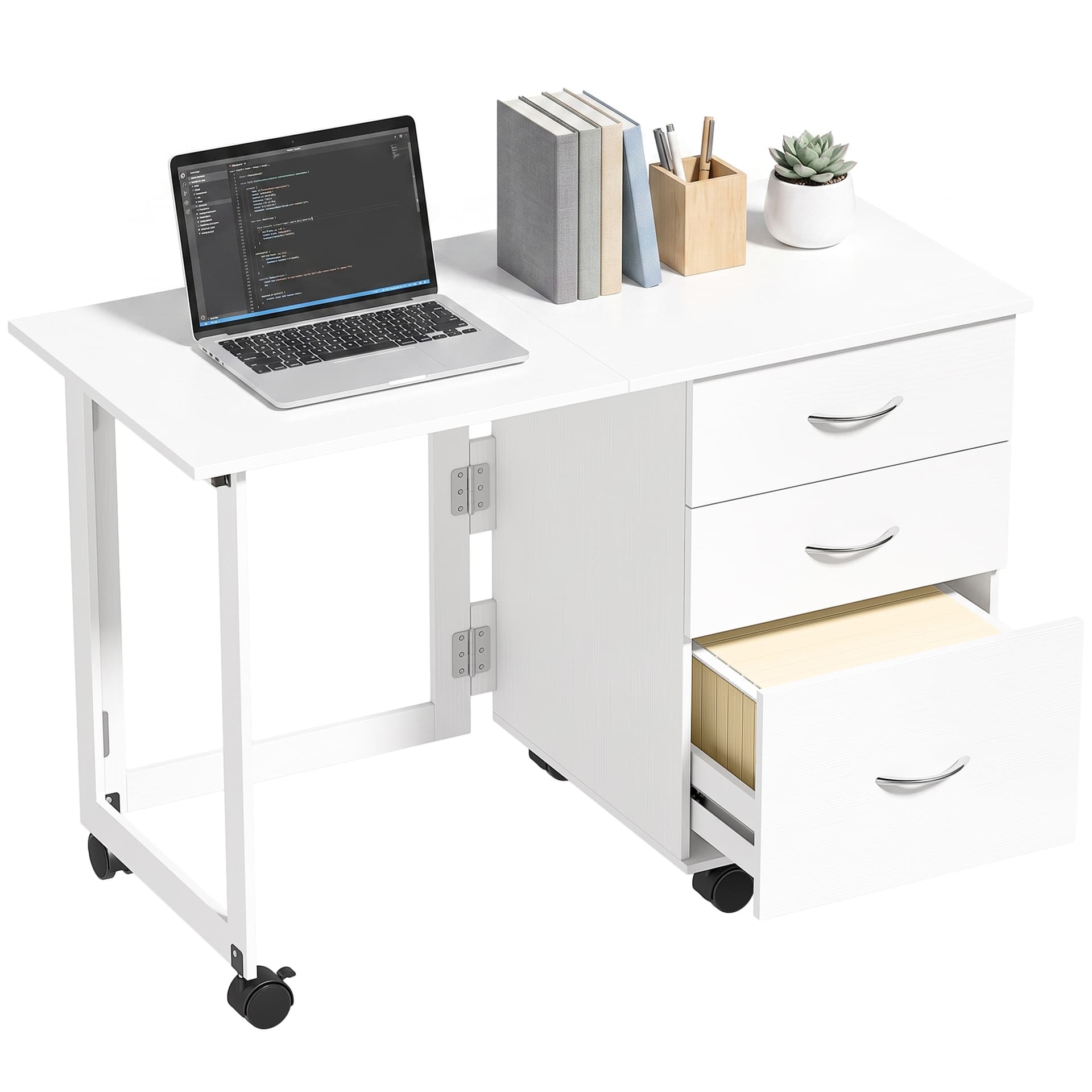 Computer Desk Foldable Top Office Desk 3 Drawers, 4 Lockable Wheels, White Wood Grain - Computer Desks - Office Furniture
