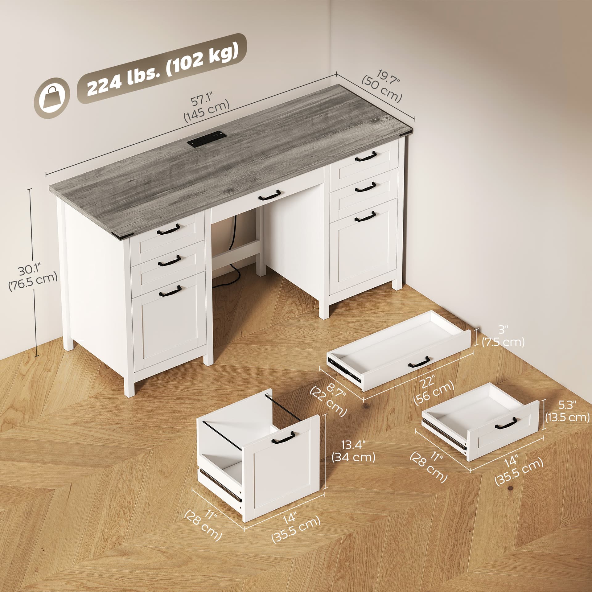 Computer Desk with Drawers Office Desk with 7 Drawers Charging Station Study Table 57" Brown White - Writing Desks - Office Furniture