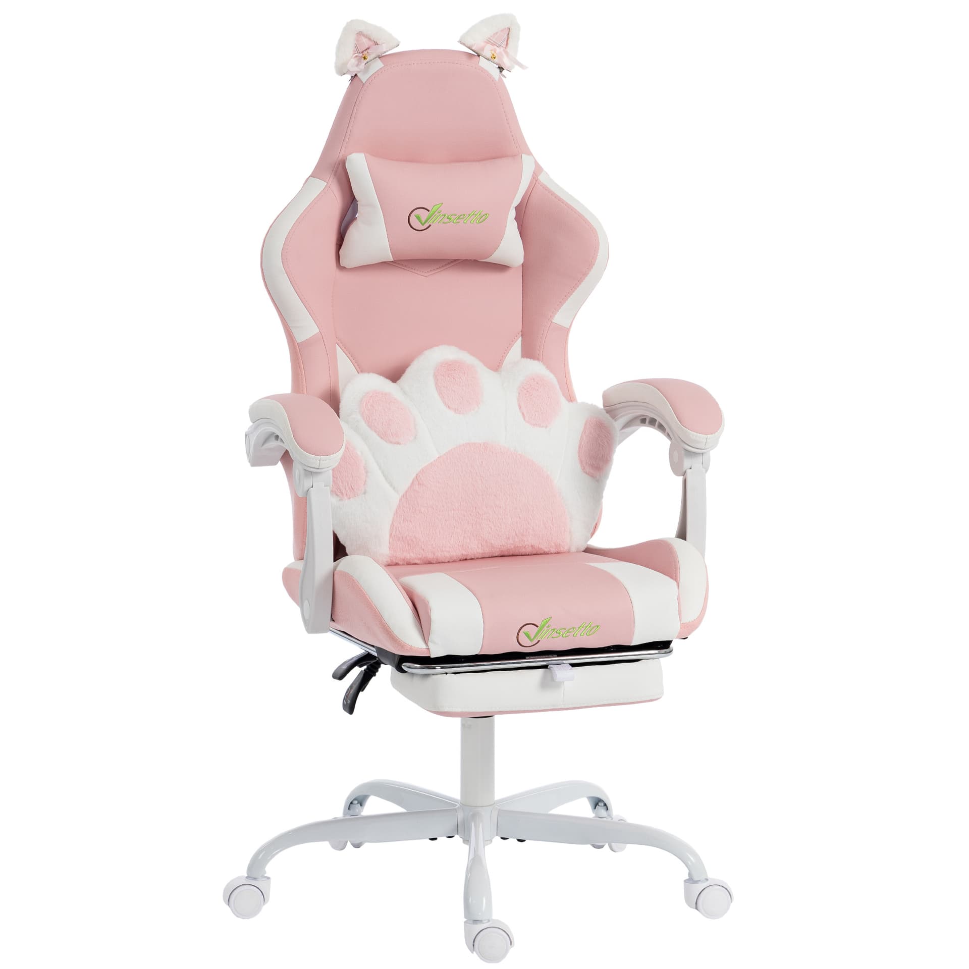 Cute Gaming Chair with Cat Ears, Gamer Computer Chair with Lumbar Support, Footrest, Headrest, Faux Leather, Pink - Video Game Chairs - Office Furniture