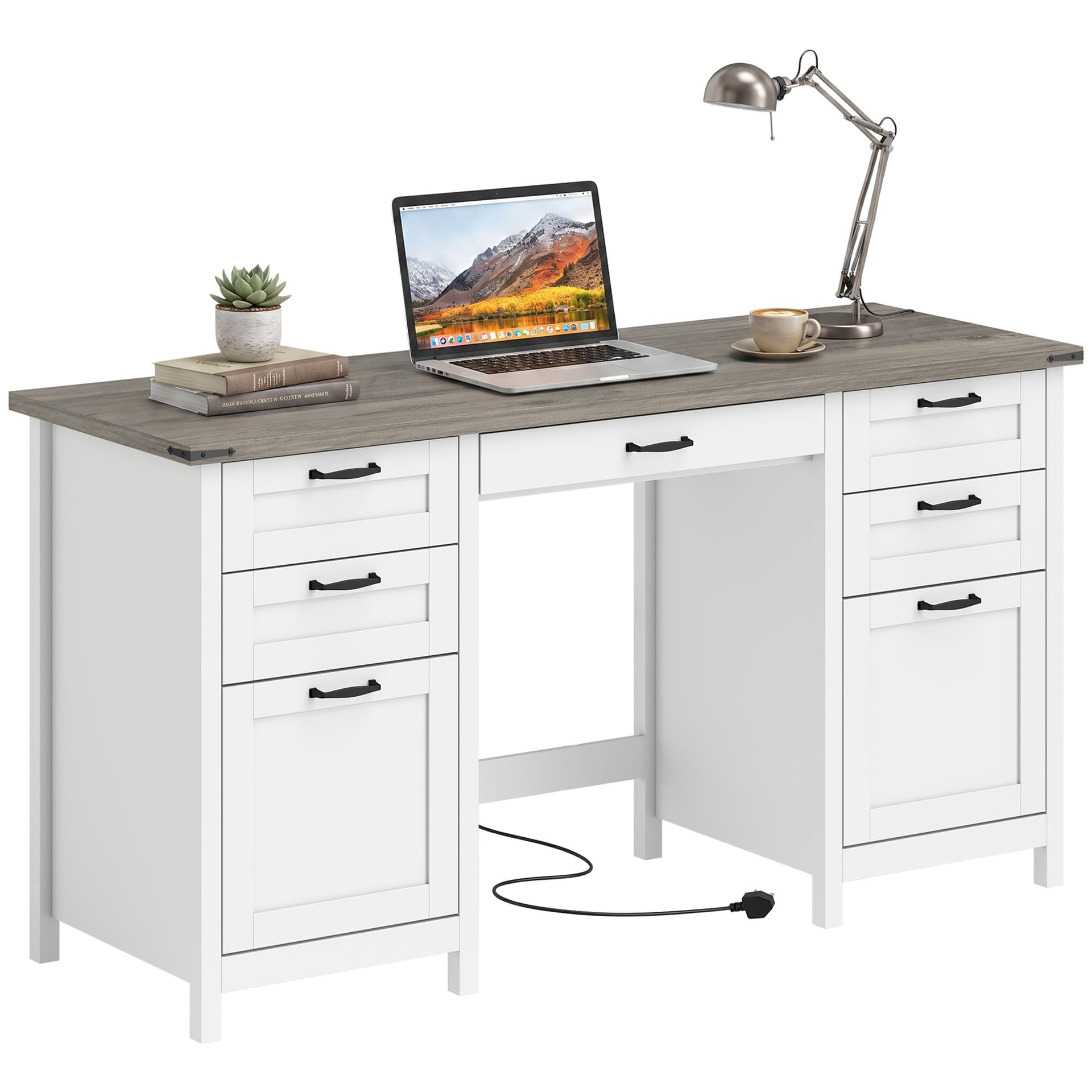 Computer Desk with Drawers Office Desk with 7 Drawers Charging Station Study Table 57" Brown White - Writing Desks - Office Furniture