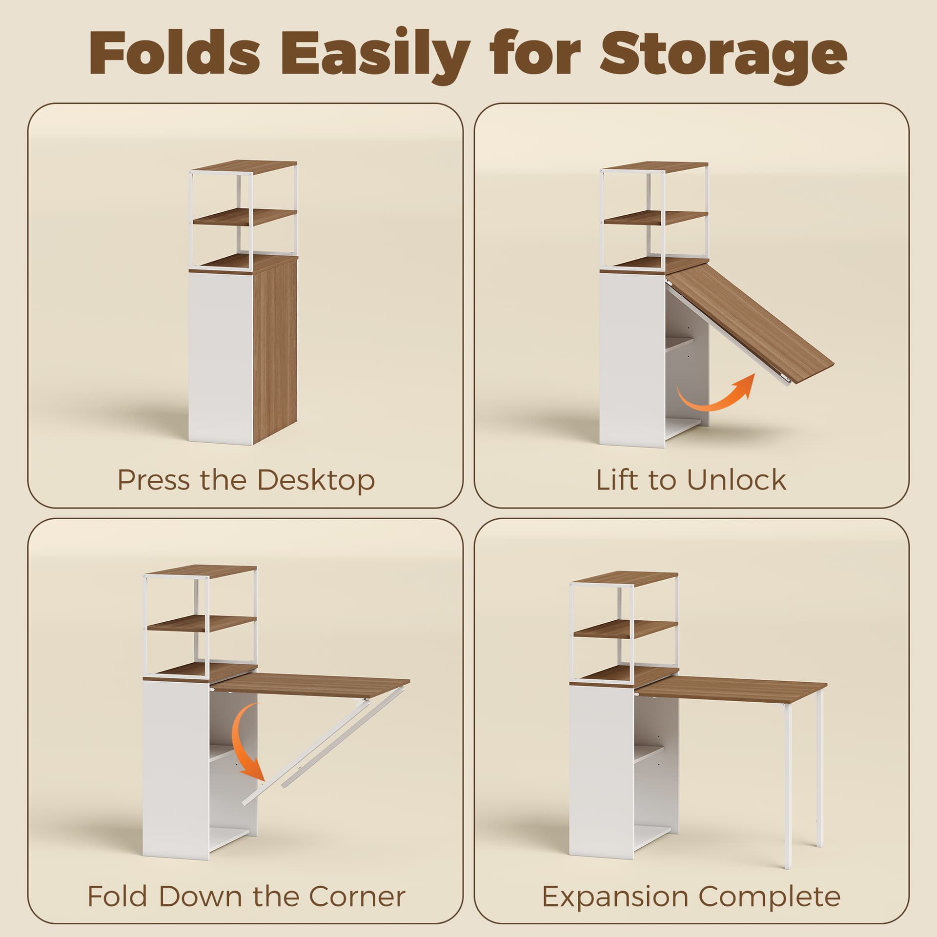 Folding Computer Desk with 4-Tier Bookshelf Space-Saving Home Office Desk, Natural - Computer Desks - Office Furniture