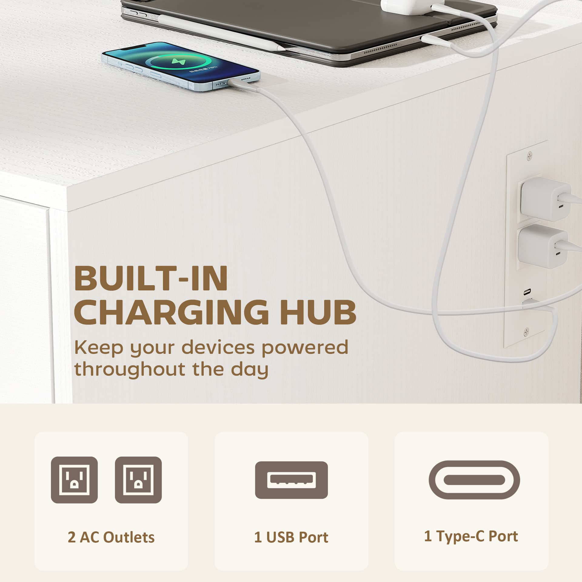 L Shaped Desk, 55" Corner Computer Desk with Power Outlets, File Drawer, 2 Drawers, Adjustable Shelves, White - Writing Desks - Office Furniture