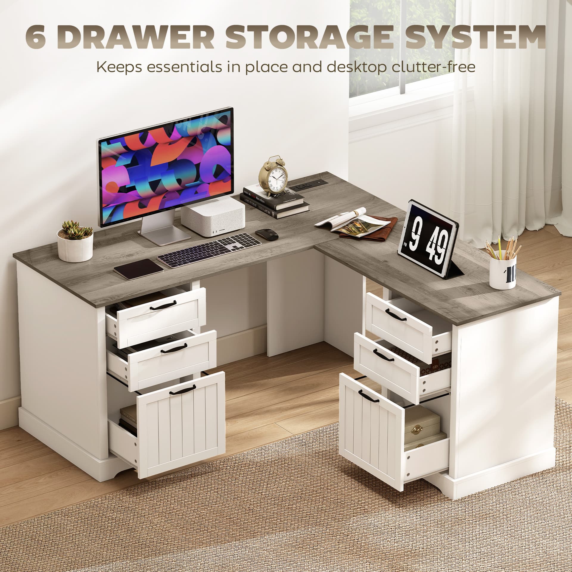 L Shaped Computer Desk with Power Outlets & USB Charging, Corner Desk with 6 Drawers, Hanging Bar, Brown and White - Writing Desks - Office Furniture