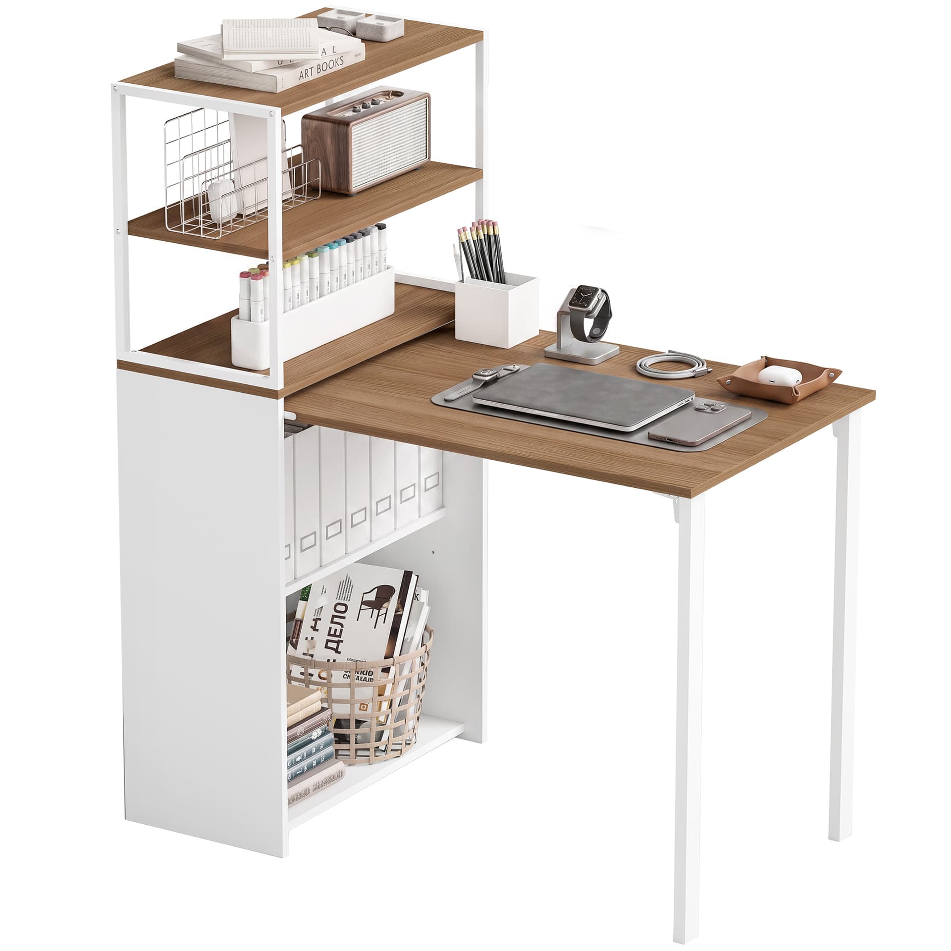 Folding Computer Desk with 4-Tier Bookshelf Space-Saving Home Office Desk, Natural - Computer Desks - Office Furniture