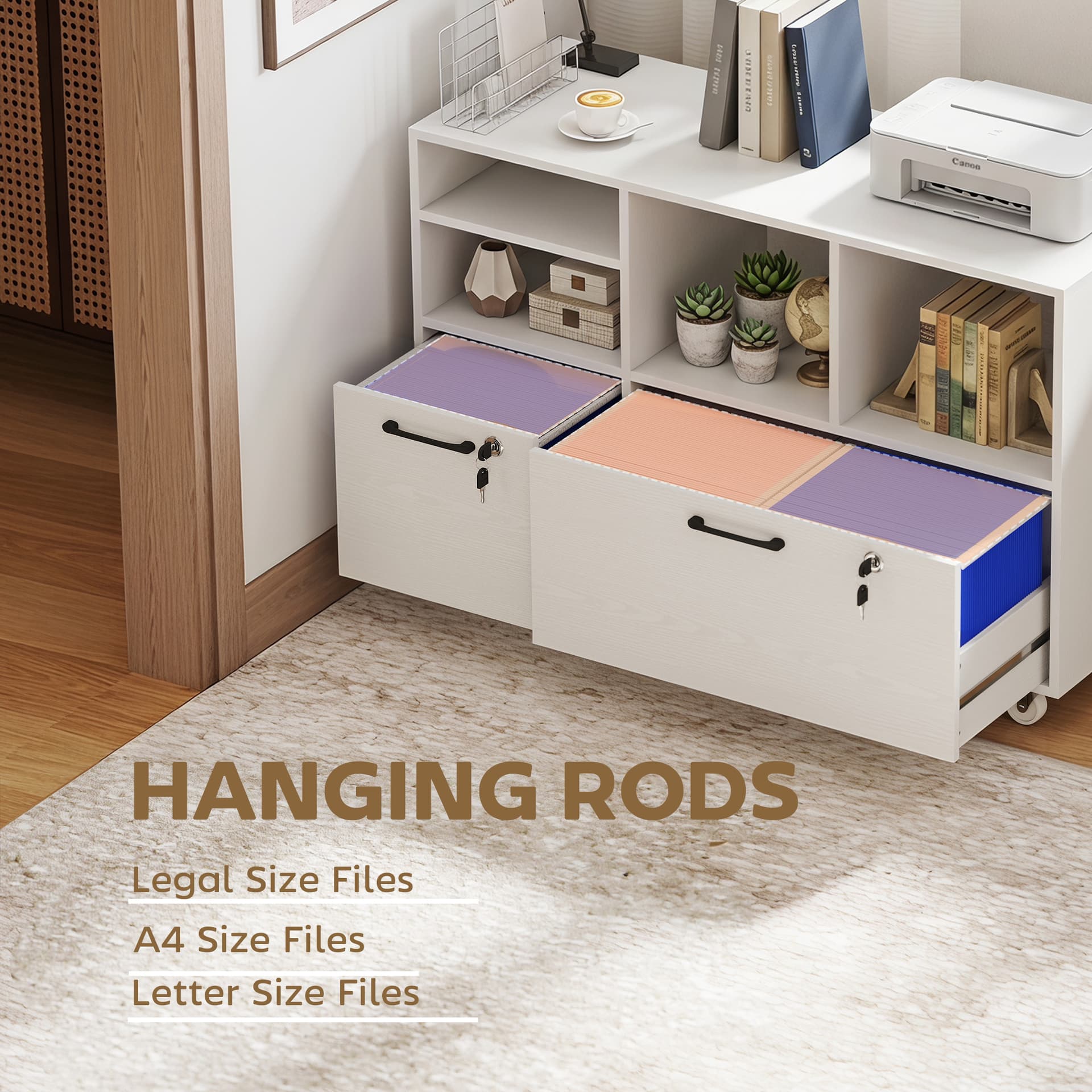File Cabinet, 2 Drawer Mobile Lateral Filing Cabinet Printer Stand with Lock, Charging Station, Hanging Bars, White - Office Cabinets & Cupboards - Office Furniture