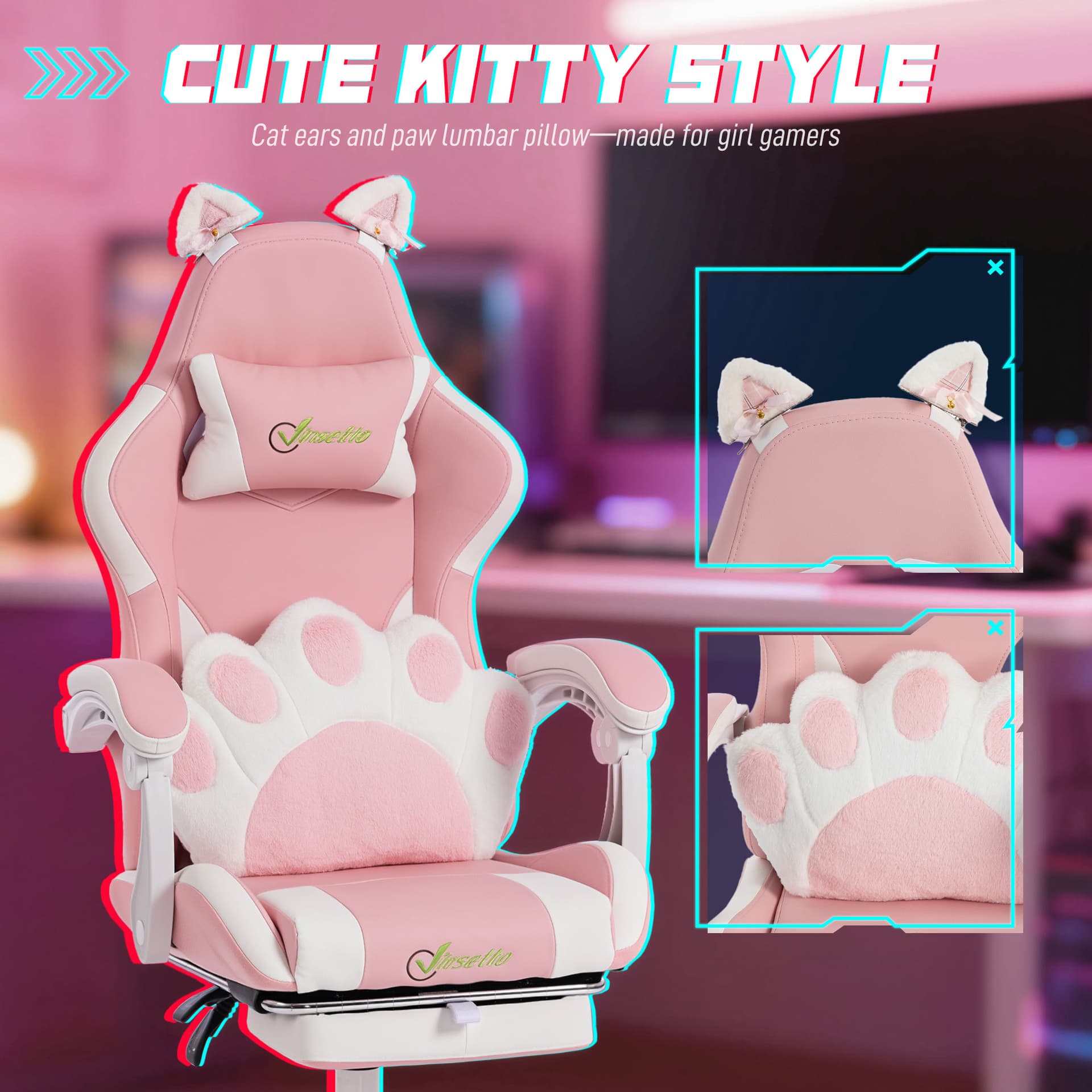 Cute Gaming Chair with Cat Ears, Gamer Computer Chair with Lumbar Support, Footrest, Headrest, Faux Leather, Pink - Video Game Chairs - Office Furniture