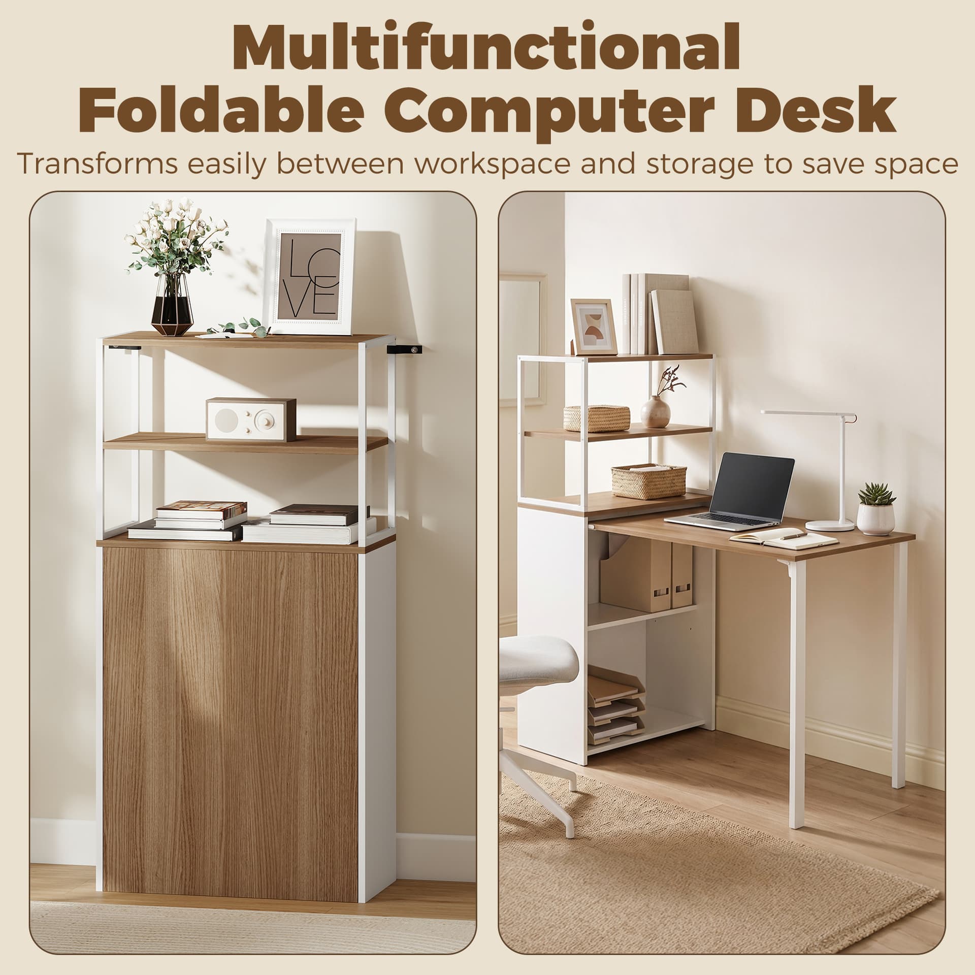 Folding Computer Desk with 4-Tier Bookshelf Space-Saving Home Office Desk, Natural - Computer Desks - Office Furniture