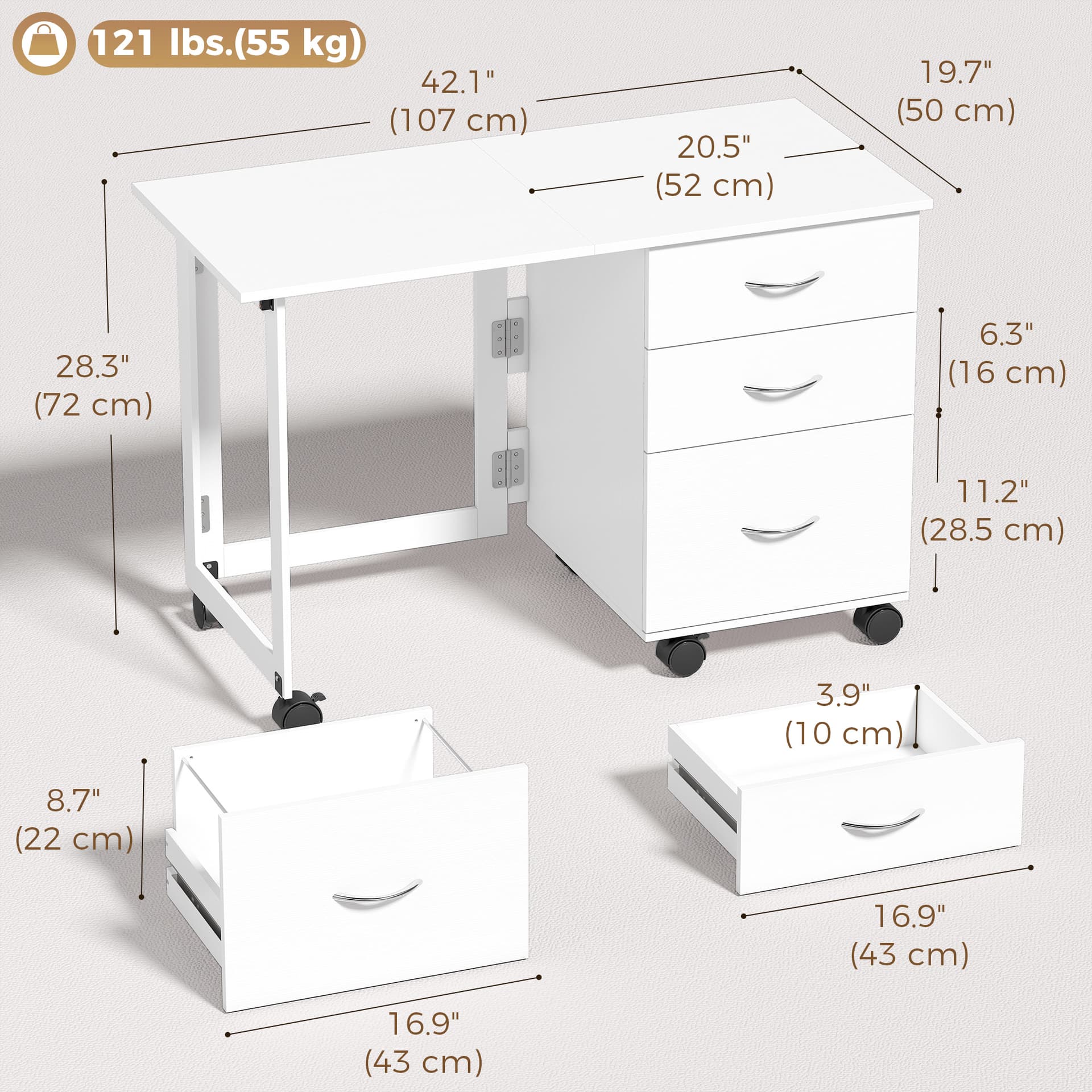 Computer Desk Foldable Top Office Desk 3 Drawers, 4 Lockable Wheels, White Wood Grain - Computer Desks - Office Furniture