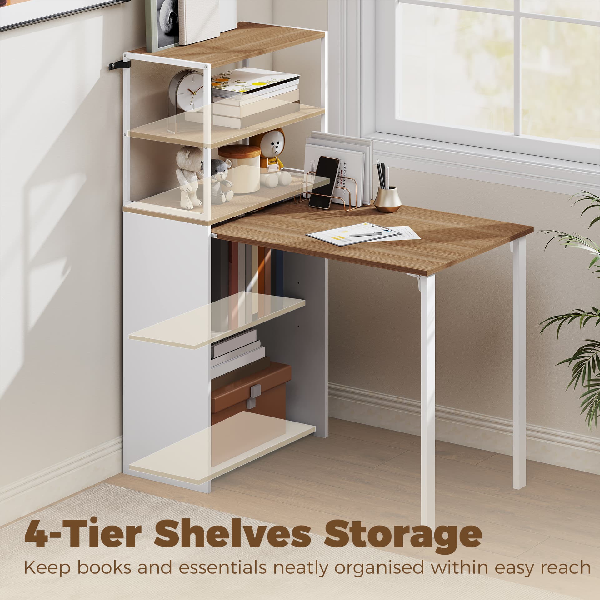 Folding Computer Desk with 4-Tier Bookshelf Space-Saving Home Office Desk, Natural - Computer Desks - Office Furniture