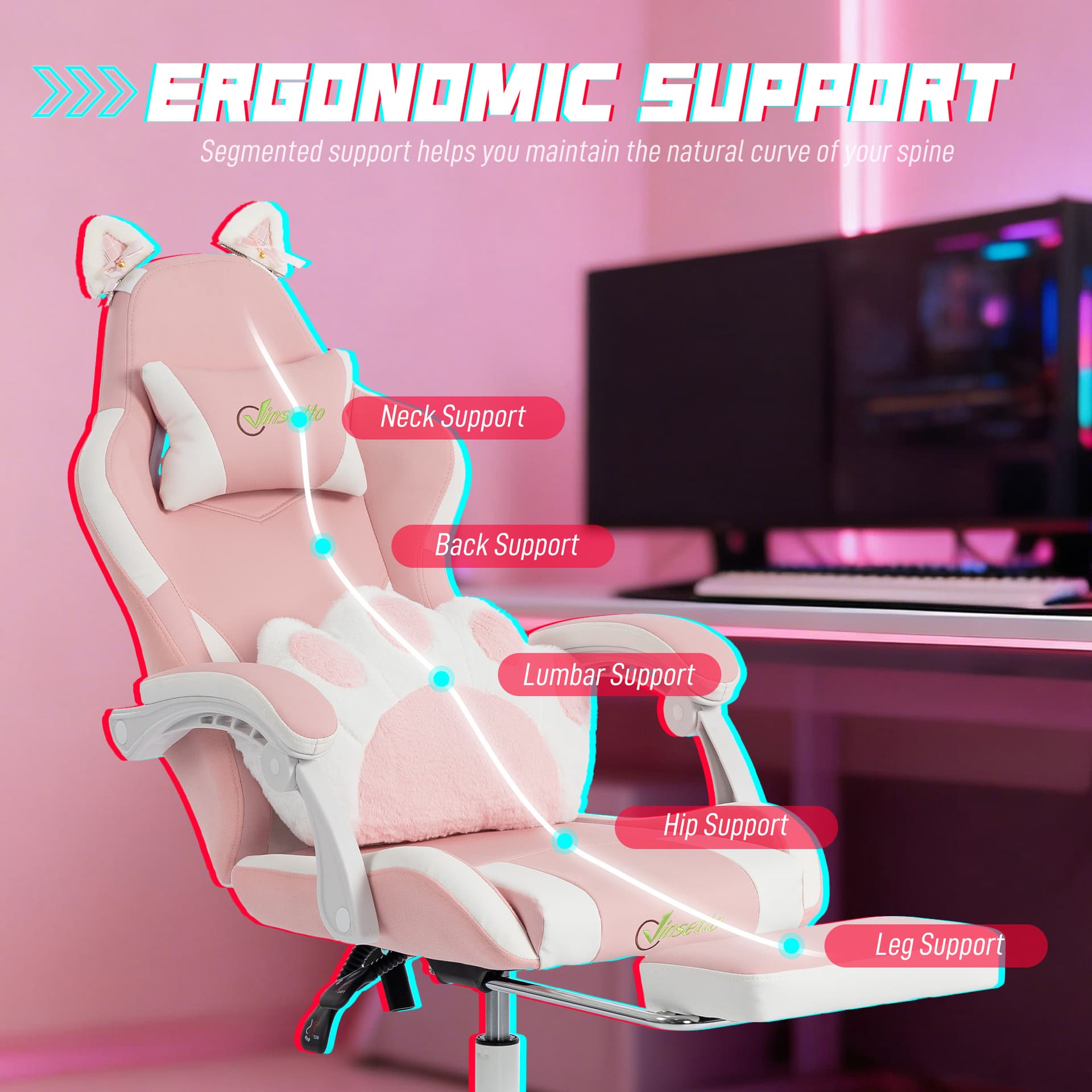 Cute Gaming Chair with Cat Ears, Gamer Computer Chair with Lumbar Support, Footrest, Headrest, Faux Leather, Pink - Video Game Chairs - Office Furniture