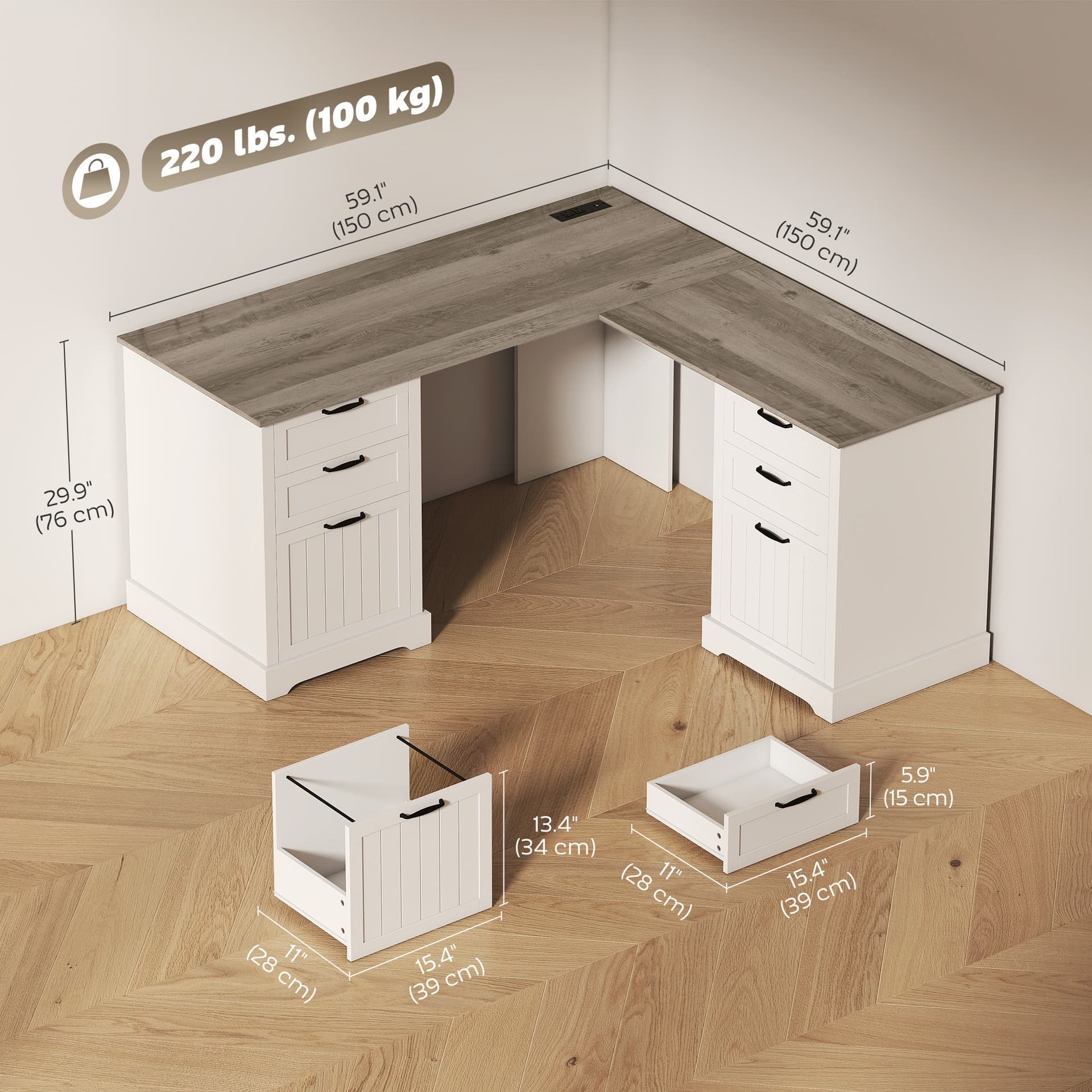 L Shaped Computer Desk with Power Outlets & USB Charging, Corner Desk with 6 Drawers, Hanging Bar, Brown and White - Writing Desks - Office Furniture