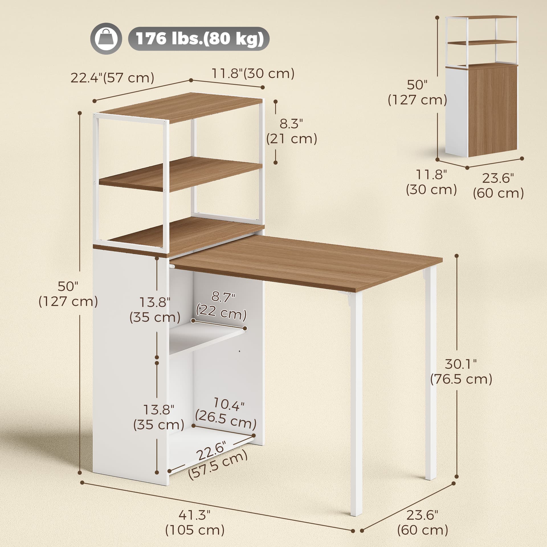 Folding Computer Desk with 4-Tier Bookshelf Space-Saving Home Office Desk, Natural - Computer Desks - Office Furniture
