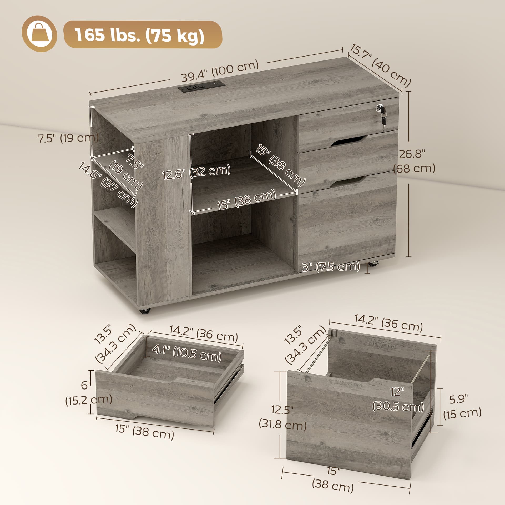 Filing Cabinet with Power Outlets File Cabinet Lockable Casters File Drawer Side Cubbies Light Grey Brown - Office Cabinets & Cupboards - Office Furniture