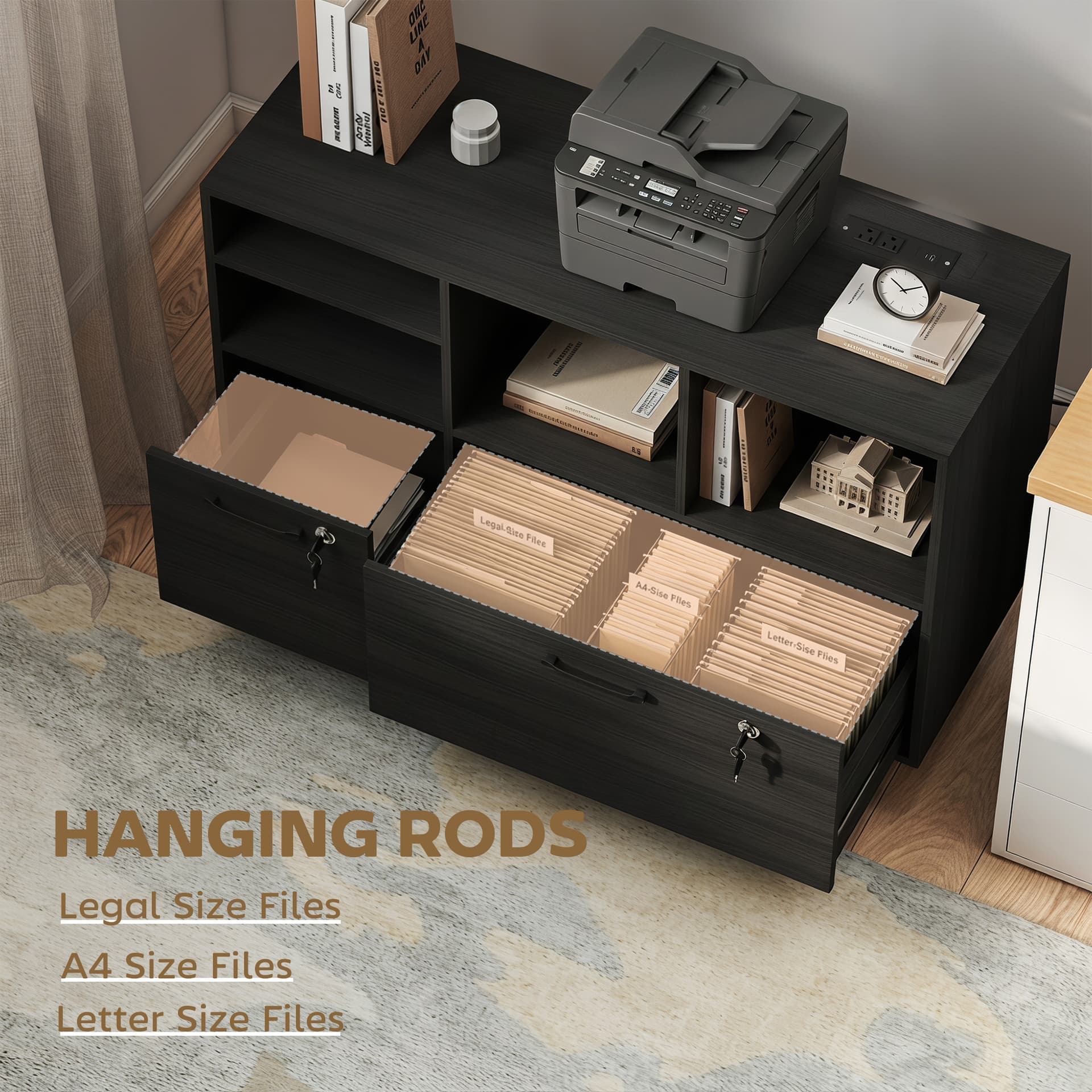 File Cabinet, 2 Drawer Mobile Lateral Filing Cabinet Printer Stand with Lock, Charging Station, Hanging Bars, Black - Office Cabinets & Cupboards - Office Furniture